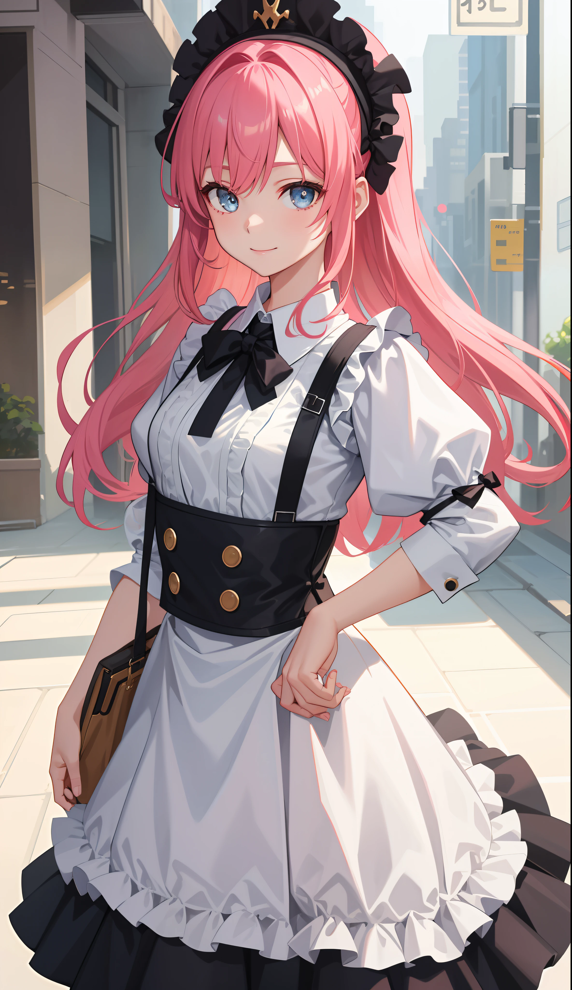 1girl in、AS-Adult、A smile、The shirt、skirt by the、(small tits)、doress、pinafore、Hair decoration、(Maid costume)、Walking with a thigh、Upper body portrait、