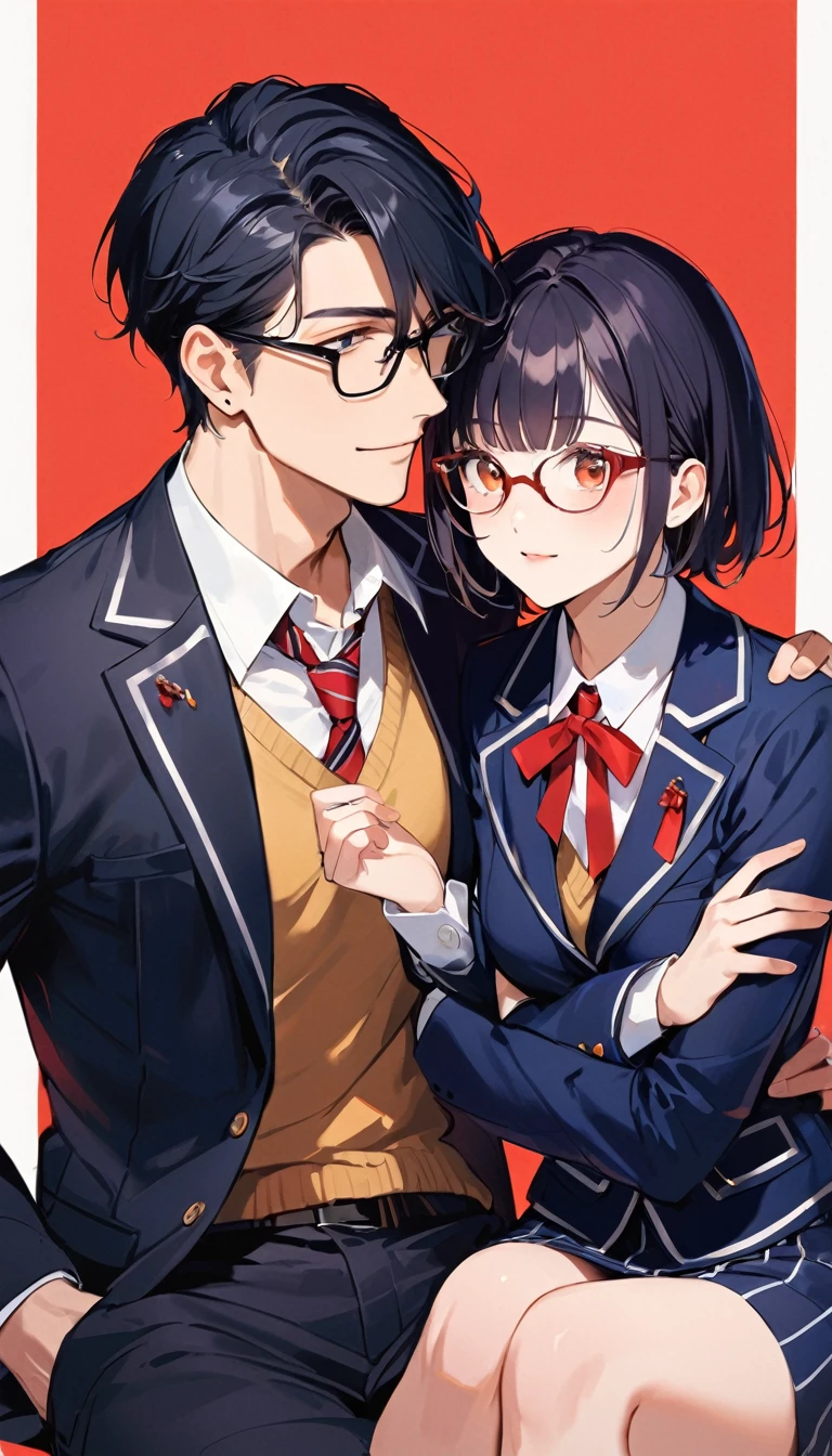 ((18 years old)), A high school girl and a handsome boy are sitting next to each other, she have black short bob hair, Glasses,Red ribbon,wearing a navy blazer BREAK he is a handsome boy, Black Hair, Short Hair,Glasses, blazer,18 years old)