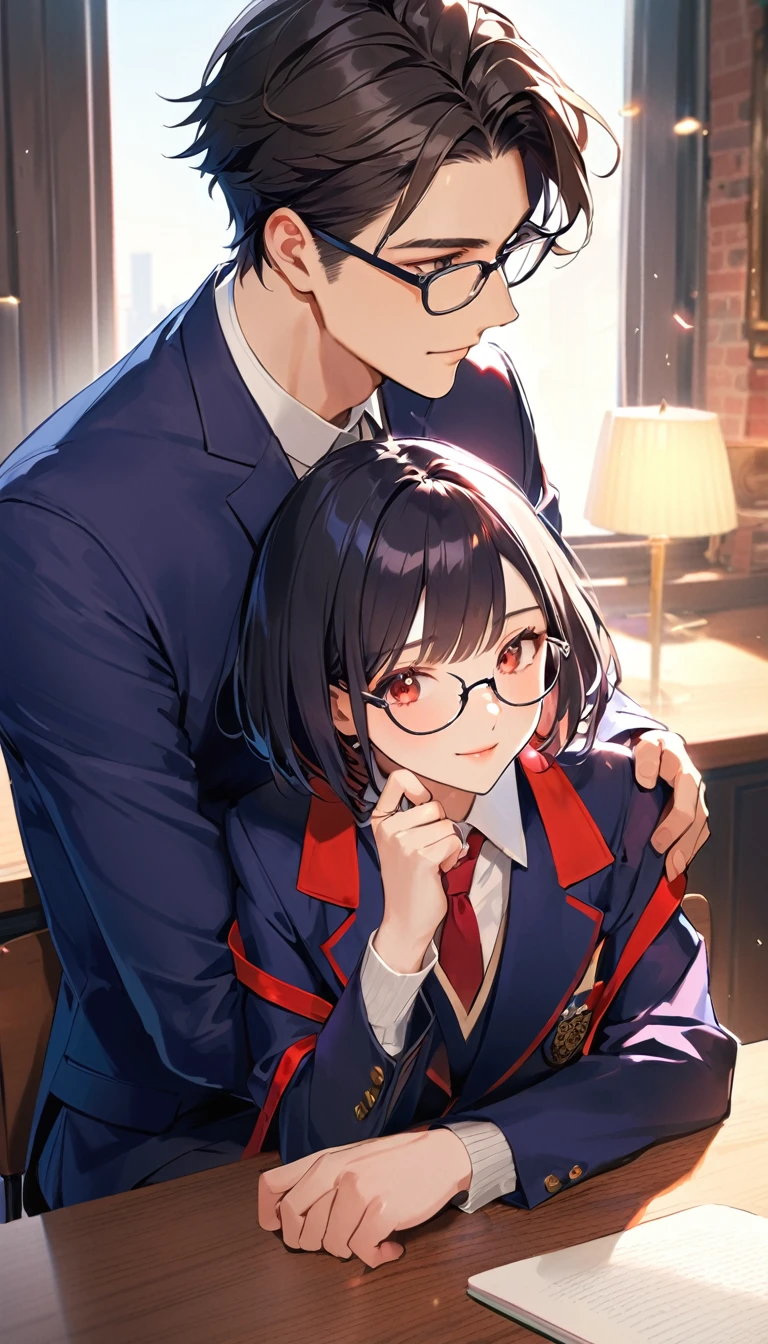 ((18 years old)), A high school girl and a handsome boy are sitting next to each other, she have black short bob hair, Glasses,Red ribbon,wearing a navy blazer BREAK he is a handsome boy, Black Hair, Short Hair,Glasses, blazer,18 years old)