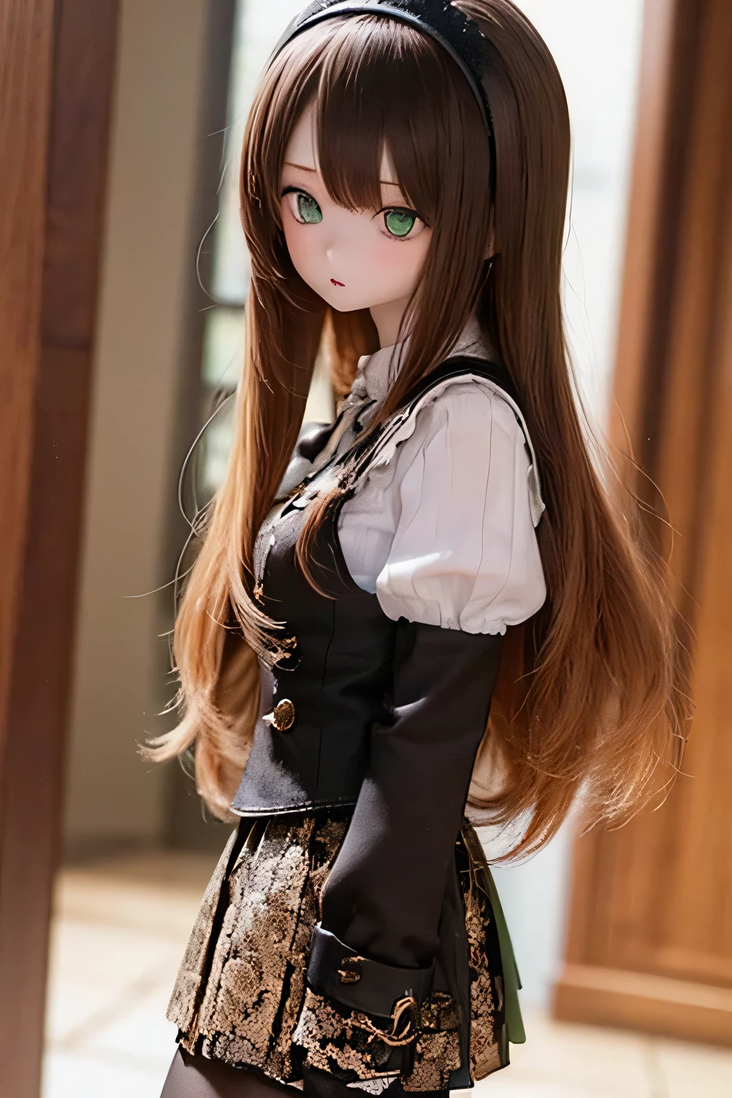 (SFW:2), photorealistic, realistic photo, 8k, ((highest quality)), ((masterpiece)), (extremely detailed), kukolnydom, doll, (mature woman, 21yo, 21 years old, solo:1.6), ((profile, from side, slim, slender, skinny, medium breasts, hairband, ascot, vest, blouse, long puff sleeves, pleated skirt, black pantyhose)), (green eyes, brown hair, long hair, plastic skin, looking at another, glass eyes, gradient eyes, shining eyes, detailed eyes:1.3)