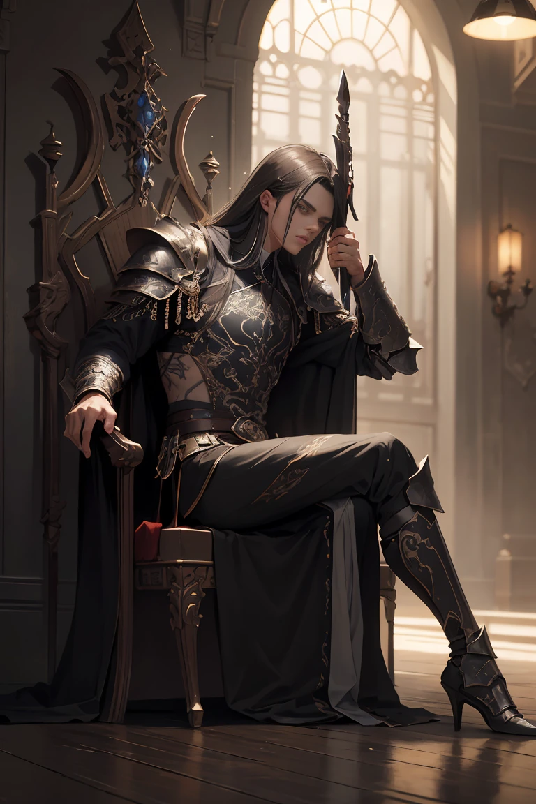 Sitting on the throne, head戴骨head王冠的死者之王, black network robe, network, On armor, He held a black blade in his hand., fantasy, Dramatic photos, Dynamic photos, Full body view,  Model pose, Blurred background, Very detailed, ultra-Practical, 8K, (Practical:1.3), poster, Intricate details,  \(Artwork\), ((masterpiece,best quality)), ((Movie light)), hypePractical, scary, dark fantasy \(style\), Detailed armor, 详细的head盔, head, Eight hands,  Eight eyes, Bad, scary, ugly, (Hidden Shot:1.17), epic Practical, fade, ((Neutral colors)), Art, (HDR:1.5), (Soft colors:1.2), Ultra Detailed, (Artstation:1.5), Movie, Warm lamps, Dramatic lighting, (Intricate details:1.1), Complex background, (Rutkowski:0.8), (Cyan and Orange:0.4)