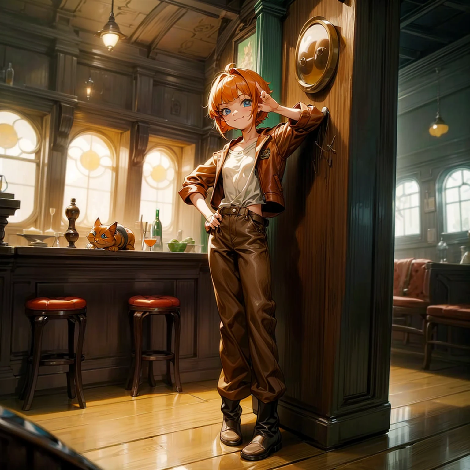 Background in the indoor room bar, Grassroots, one piece style art, Full body version, kid girl with her pet cat, kid girl has orange hair, short bob hairstyle, brown leather jacket, long pants, boots, blue eyes, smiley face, standing gesture