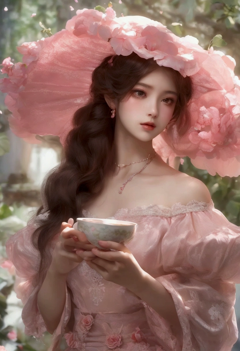 best quality,masterpiece,ultra high resolution,(Actual:1.4),Rigger begonia flower back view,beauty,vehement,,20 year old begonia flower girl(Goddess of the East),Pink wavy hair above the waist,),Rieger Begonia Lace Skirt,seat,Having afternoon tea,
