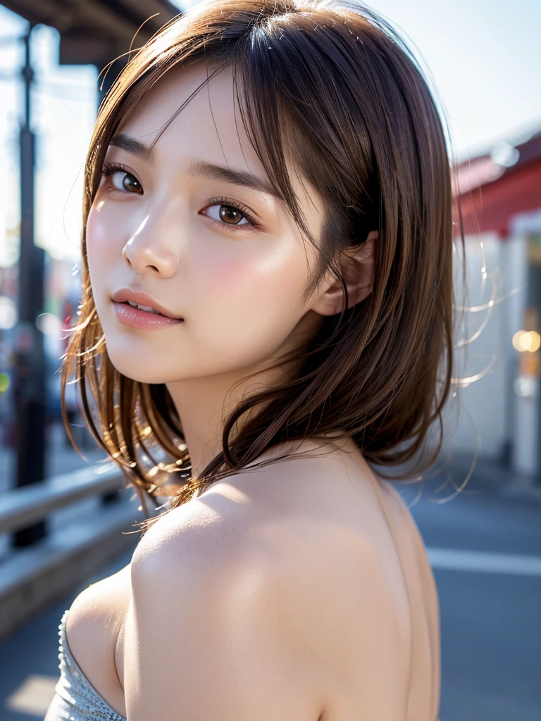 With the alleys of Kyoto in the background、28 years old、independent、Look forward、Light eye makeup、Brown Hair Color、flat 、Hair blowing in the wind、Quality of actress、Shiny, Ultra-realistic faces、smileの表情、Watery eyes、look up、Soothing lighting effects、 Ultra-Realistic Capture、Very detailed、High resolution 16K human skin closeup。Skin texture must be natural、Must be so detailed that pores are visible、skin is healthy、Must be of uniform tone、Use natural light and colour、High quality photos taken by modeling agencies&#39;Exclusive photographer、smile