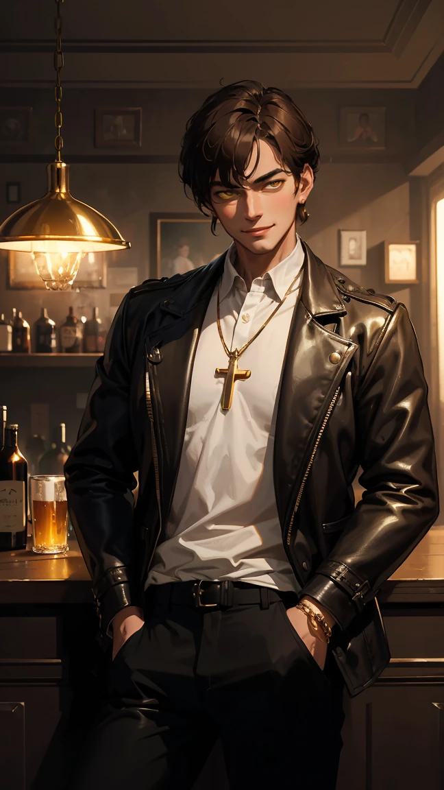 ruined, 1 man, himself, epic composition, strong man, (masterpiece, best quality: 1.2), male focus, 1 man, toned body, hands in pockets, (masterpiece: 1.3), (best quality : 1.2). ),8K, Absurdity, Unity 8k Wallpaper, (Extremely Detailed: 1.3), Highest Resolution, Amazing, Illustration, Gorgeous Soft Studio Light, Stunningly Beautiful, Incredibly Absurd, Vivid Details, Cinematic Lighting, Mood Lighting, Award Winning, Professional, High Quality Detailed , informative, looking at a viewer, smiling, ((short hair), 1 man, standing, dark brown hair, hair between the eyes), yellow eyes, on the left cheek under the eye he has an X-shaped hub, male focus , looks at the viewer, he is wearing a brown leather jacket with gold ones Details, he wears a long link chain around his neck and gold crosses as earrings, several piercings in his left ear, black pants, hand in his pocket, background: old-fashioned property, bar, he is in an old-fashioned bar and sits at a table with many drunk men Beer mugs celebrating, people laughing, good mood can be felt in the room.