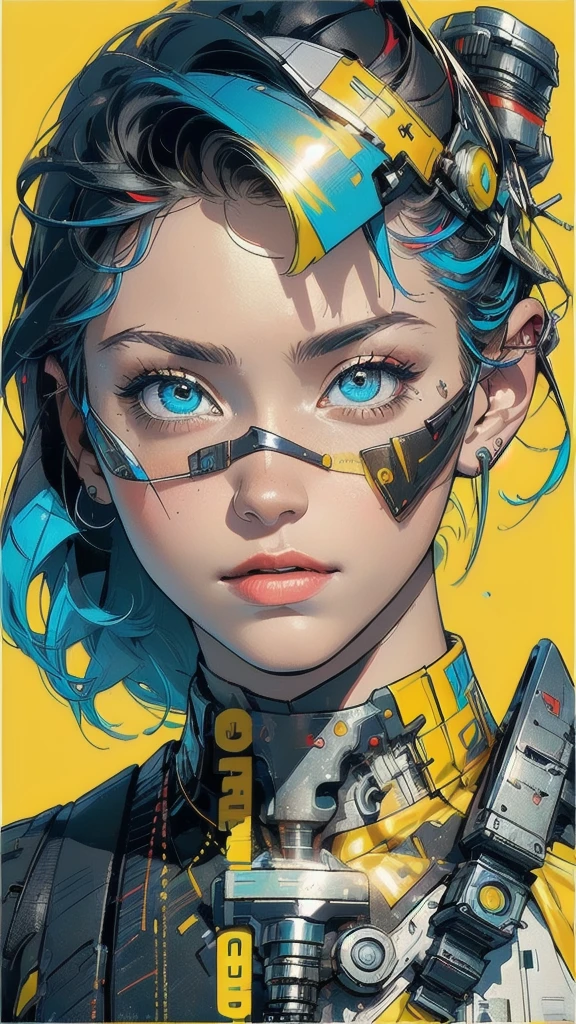 (((masterpiece, highest quality))),(((solo:1.2))),(((1girl:1.2))),32k wallpaper, very detailed, poster, vintage science fiction,(((((geometric cinematic movie poster))))), ((bauhaus)),(shape),(((abstract))),(mid century modern),movie poster,(((((portfolio))))),(((((Close-up))))),(((((bust up))))),((((more various angle)))),((((highlight)))),((((heterochromia)))),(((complete. detailed face))),((((Extremely talented)))),(((((most complecated futristic machine))))),(Colorful color scheme),(((detailed unlimited mechanic complete Equipment))),(((Absolutely Bright yellow background))),((Matte texture background))