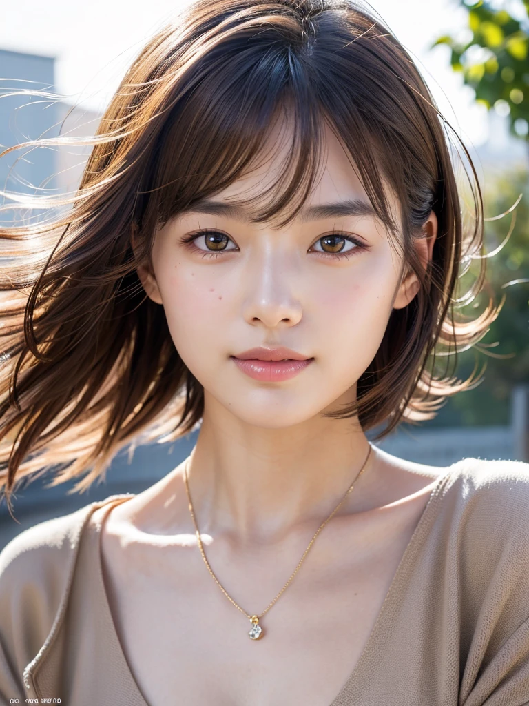 With the alleys of Kyoto in the background、28 years old、independent、Look forward、Light eye makeup、Brown Hair Color、flat 、Hair blowing in the wind、Quality of actress、Shiny, Ultra-realistic faces、smileの表情、Watery eyes、look up、Soothing lighting effects、 Ultra-Realistic Capture、Very detailed、High resolution 16K human skin closeup。Skin texture must be natural、Must be so detailed that pores are visible、skin is healthy、Must be of uniform tone、Use natural light and colour、High quality photos taken by modeling agencies'Exclusive photographer、smile