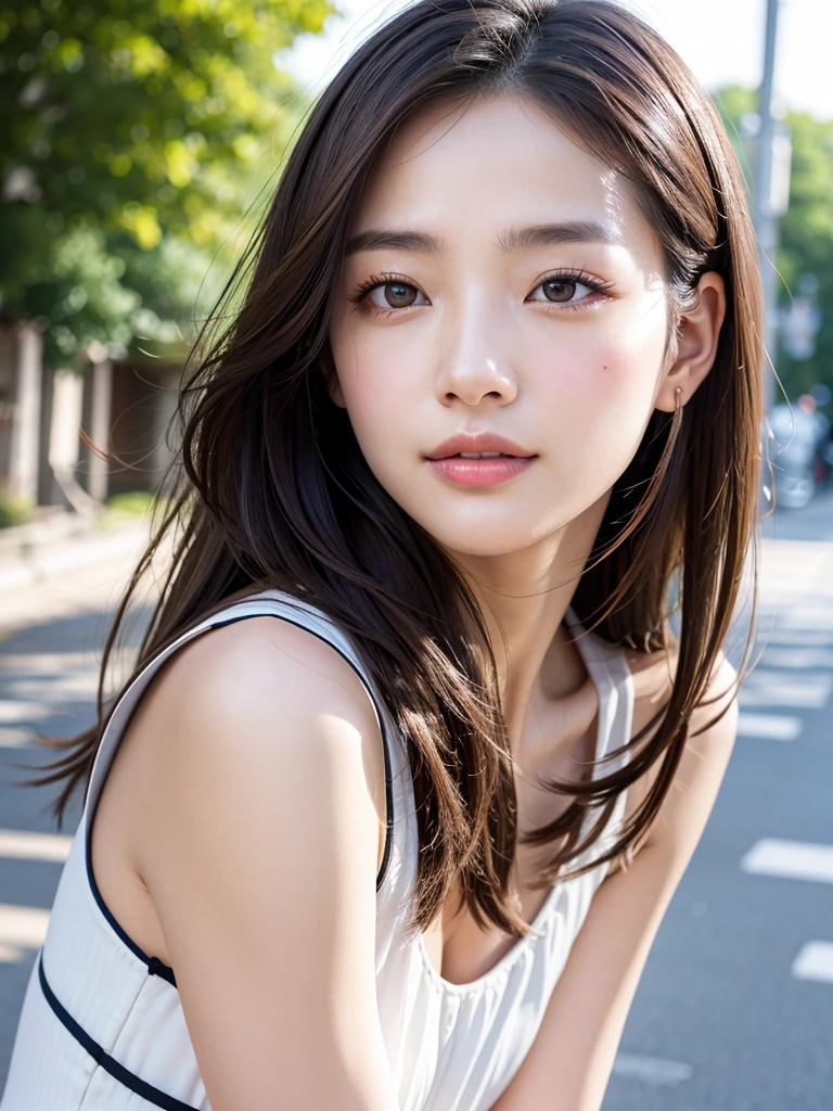 With the alleys of Kyoto in the background、28 years old、independent、Look forward、Light eye makeup、Brown Hair Color、flat 、Hair blowing in the wind、Quality of actress、Shiny, Ultra-realistic faces、smileの表情、Watery eyes、look up、Soothing lighting effects、 Ultra-Realistic Capture、Very detailed、High resolution 16K human skin closeup。Skin texture must be natural、Must be so detailed that pores are visible、skin is healthy、Must be of uniform tone、Use natural light and colour、High quality photos taken by modeling agencies'Exclusive photographer、smile