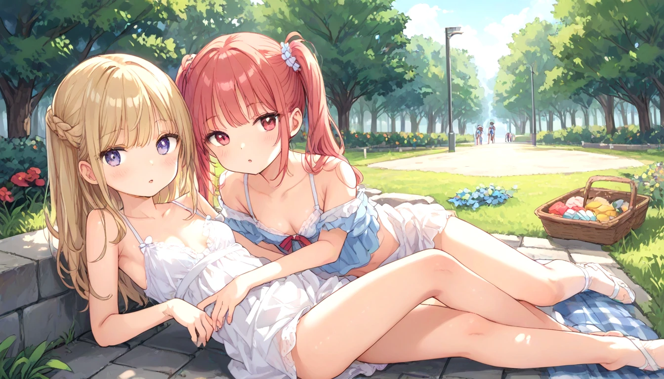 score_9, 1girl, (diverse facial features:1.2), cleavage, clothes lift, small breasts, sitting, on side, skinny, looking at viewer, parted lips, (expressive eyes:1.2), yuri, park, outdoors