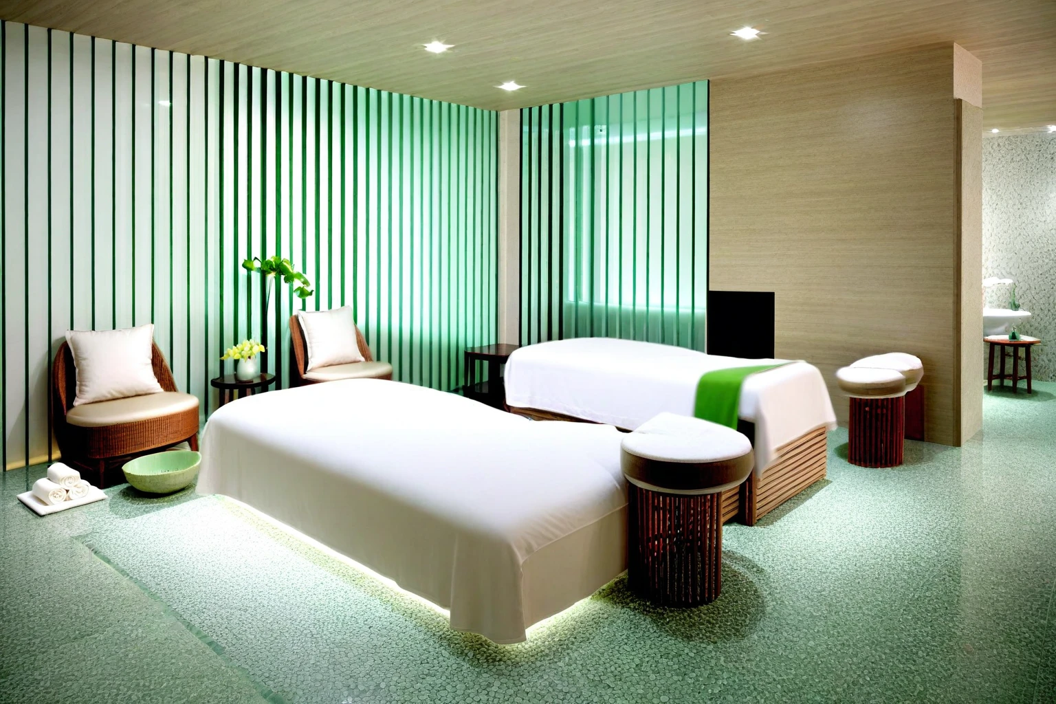 Raw photo,Masterpiece, high quality, best quality, authentic, super detail,
indoors, interior , (( SPA AND HEATHY CENTER :1.3)), modern style, daylight, (GREEN TONE : 1.2),marble tile floor, 