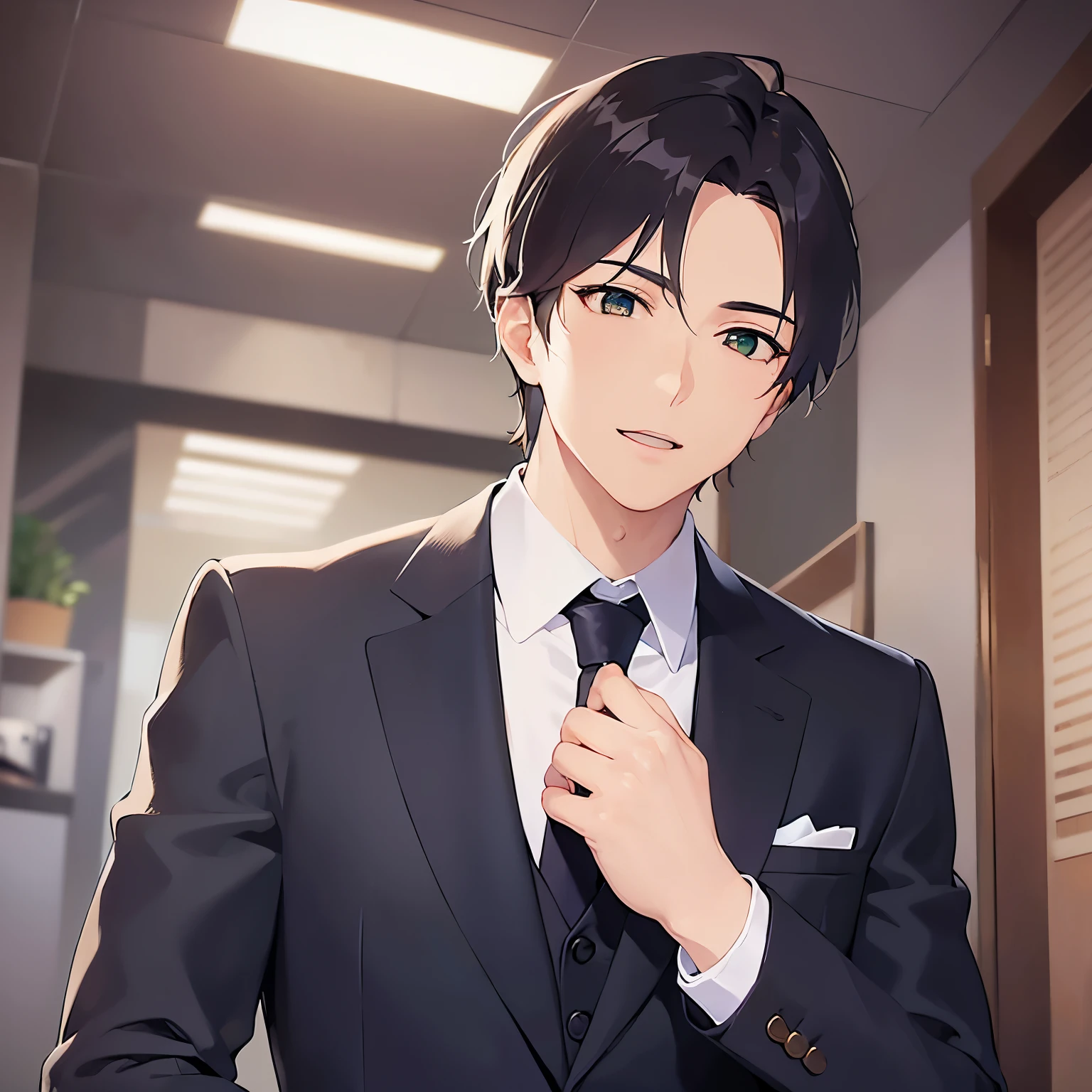 cinematic angle, upper body、shiny skin, masterpiece、Highest quality、(25-year-old male:1.5) and (Brown short hair) and (Green Eyes), (Wearing a suit:1.3) and (Blue tie)、Are standing、smile、open mouth, The background is the office interior.、(Alone:1.5)、
