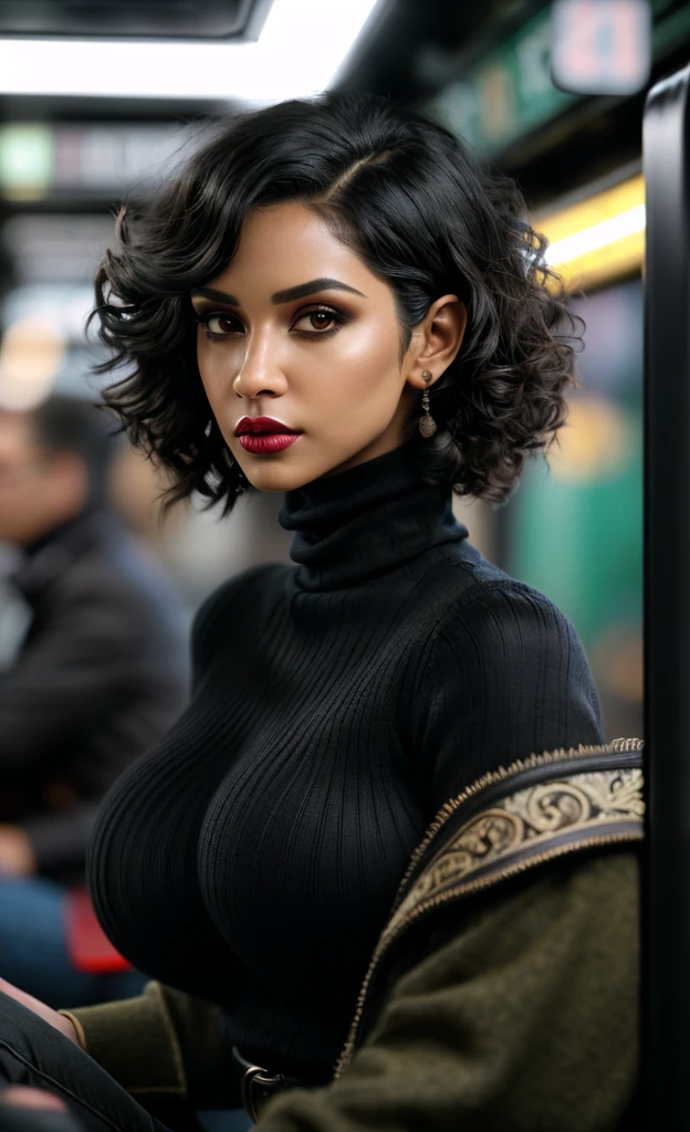 (masterpiece), (extremely intricate:1.3), (realistic), detailed textures, professional photograph of a stunning woman detailed, curly black hair, big nose, (huge breasts:1.3), gorgeous, lipstick, eyeliner, makeup, skinny, (black turtleneck jumper), black trousers, sitting on New York subway, detailed eyes, sharp focus, dramatic, award winning, cinematic lighting, octane render unreal engine, volumetrics dtx, (film grain, blurry background, blurry foreground, bokeh, depth of field, motion blur:1.3)