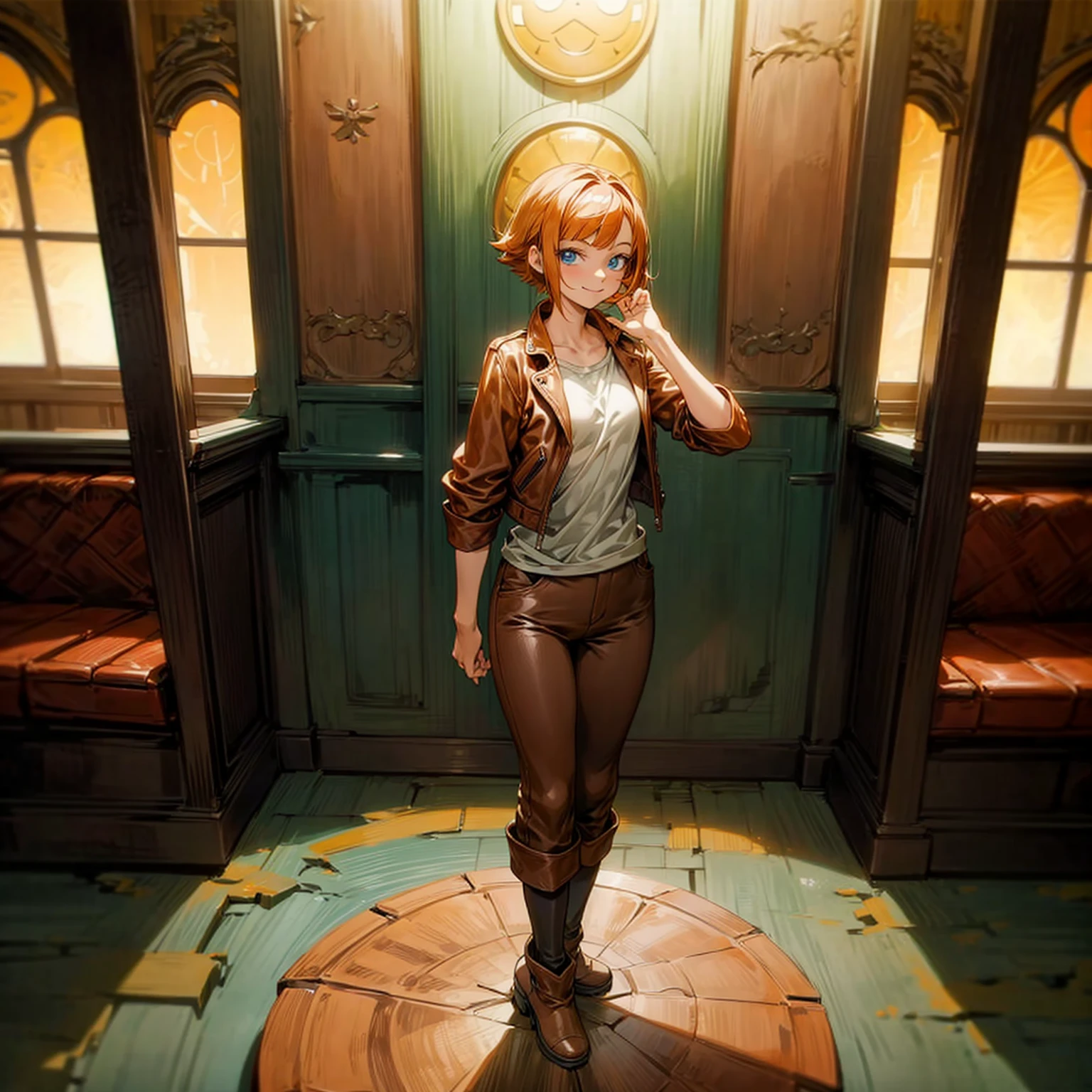 Background in the indoor room bar, Grassroots, one piece style art, Full body version, adult girl, orange hair, short bob hairstyle, brown leather jacket, long pants, boots, blue eyes, smiley face, standing gesture