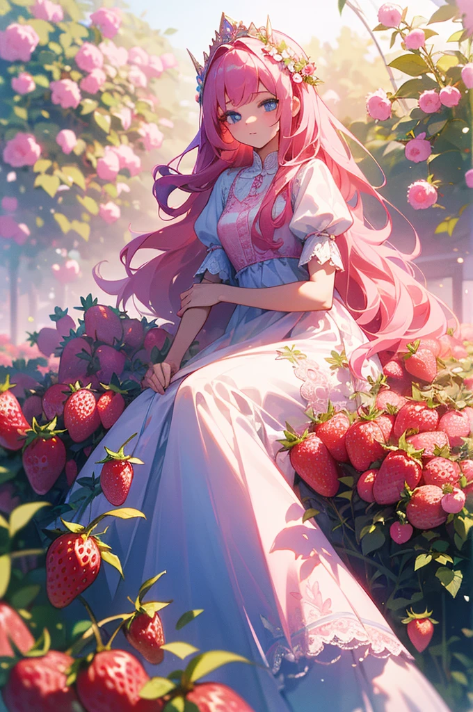 1girl. (masterpiece, best quality, ultra-detailed), strawberry garden, big berries, strawberry , long white and pink embroided lace dress with long skirt and slits, pink flowy hair with rose in hair, bright blue eyes, flower crown, sunlight, Volumetric light.