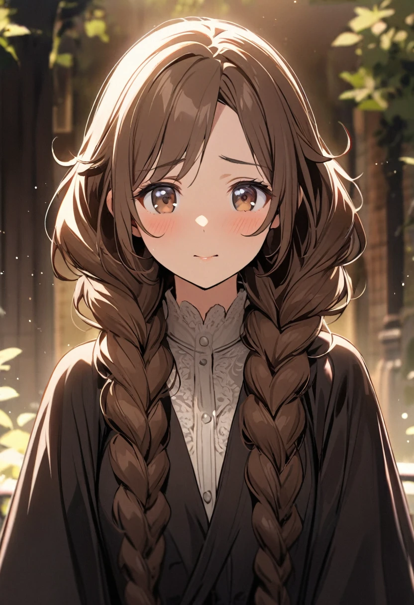 Solo, 1girl, Long Hair, brown hair, brown eyes, cute, mature, high detail, beatiful backround, double plait hair, innocent, main face, front face