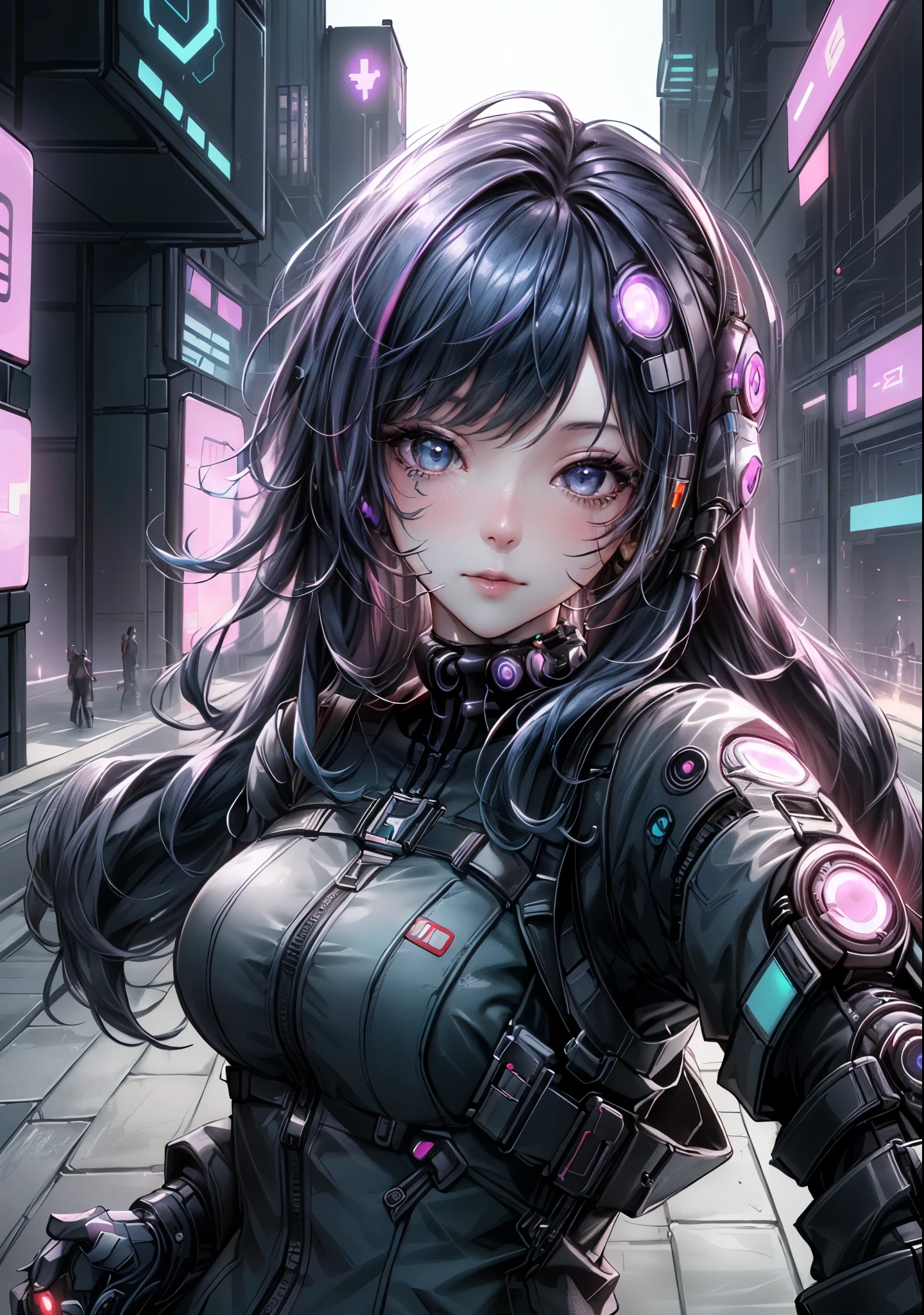 Analog Style, Too many model shoots, (Selfie:1.8), One girl, (cyber punk:1.8, cyber punk city background:1.8), ((Cute Face: 1.8, Perfect Face:1.3)), (Long and colorful hair:1.4, Pale skin:1.5), (From above:1.4, From behind), Highest quality, (color, Hyper Detail:1.5), Octane Rendering, Ultra-realistic texture, Tabletop, Very detailedな CG Unity 8K 壁紙, Very detailed, Ultra-realistic Light