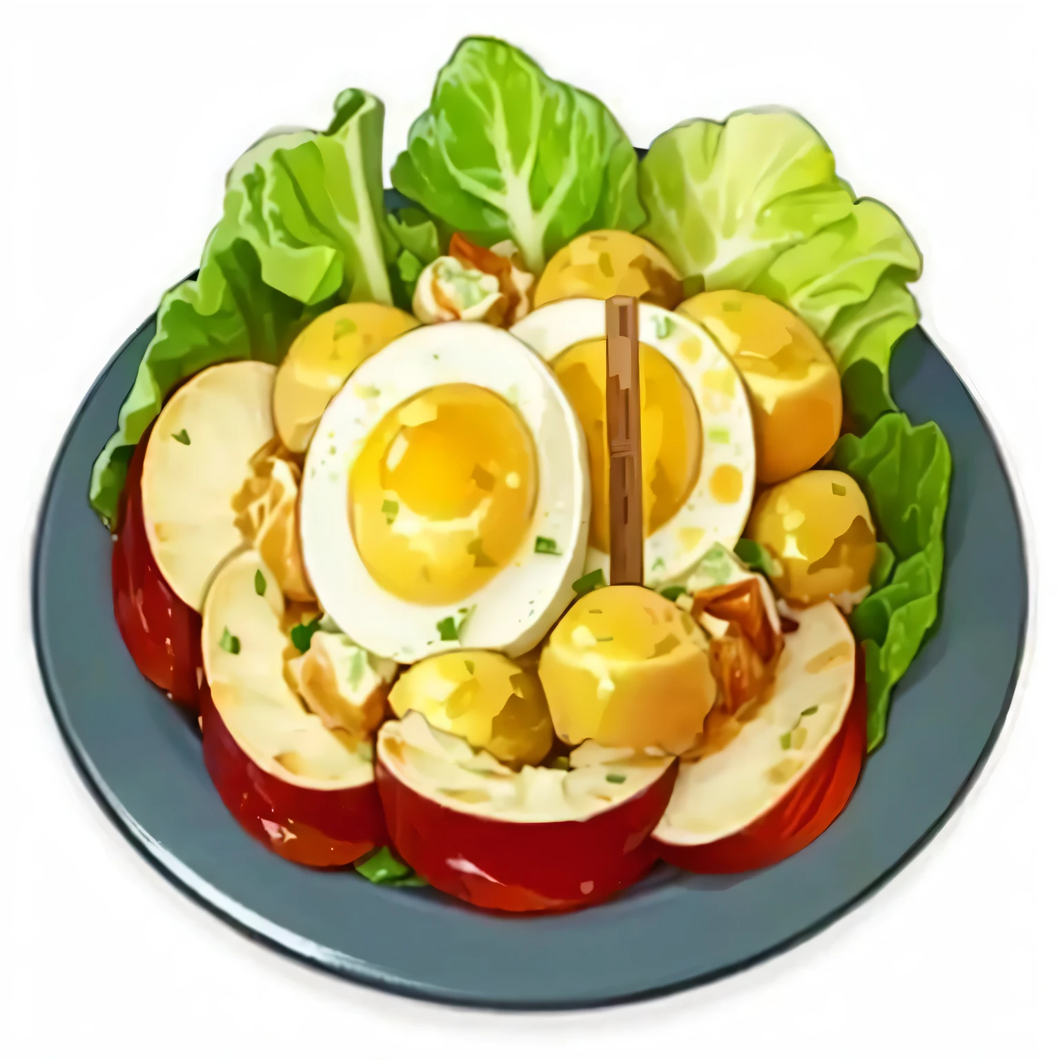 There is a plate of food，There is a boiled chicken egg on top, salad, Chicken MSG, Tuber, 🪔 🎨;🌞🌄, Egg, Game Icon Assets, delicious food, Anime Food, Fantasy food, ASP, ❤🔥🍄🌪, leader, in the game, cooking it up, leadering show, leadered, User Photos