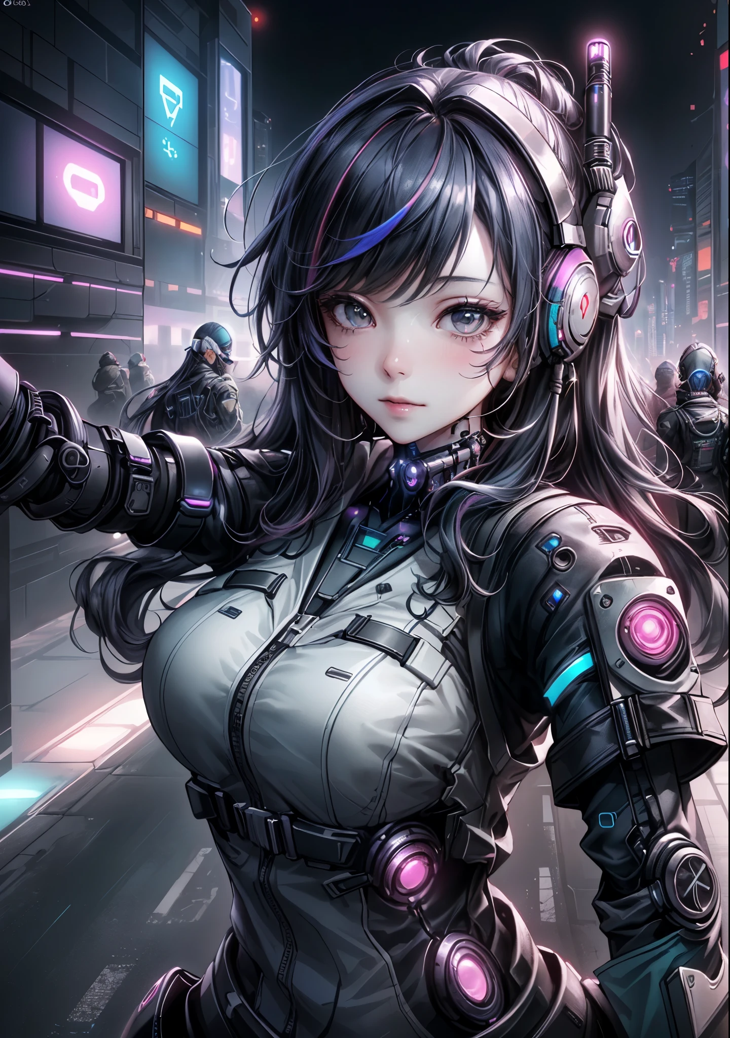 Analog Style, Too many model shoots, (Selfie:1.8), One girl, (cyber punk:1.8, cyber punk city background:1.8), ((Cute Face: 1.8, Perfect Face:1.3)), (Long and colorful hair:1.4, Pale skin:1.5), (From above:1.4, From behind), Highest quality, (color, Hyper Detail:1.5), Octane Rendering, Ultra-realistic texture, Tabletop, Very detailedな CG Unity 8K 壁紙, Very detailed, Ultra-realistic Light