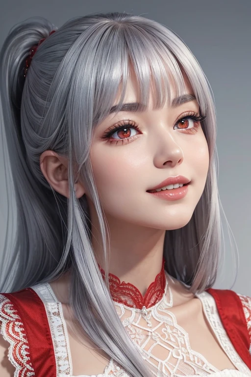 (Highest quality, masterpiece:1.2), (High resolution, 最高masterpiece).(difficult).Very detailed, Realistic:1.37, Fantasy, An illustration,Gray Hair、 ((Red eyes)).Queen, White and blue dress、beautifully、Eyeshadow Red、Thick eyebrows、Long eyelashes、pupils are black、shiny on the lips、Top Sites、Queen、Princess、A kind smile、Show your teeth a little and smile、Soft impression、people々々々々々々々Loved by、(Slimming the face).Shoulder Bare、ponytail、Kissing Face、Long white hair、Shaggy Bangs、(Save face image).((Red lace dress))、((Looking up)).