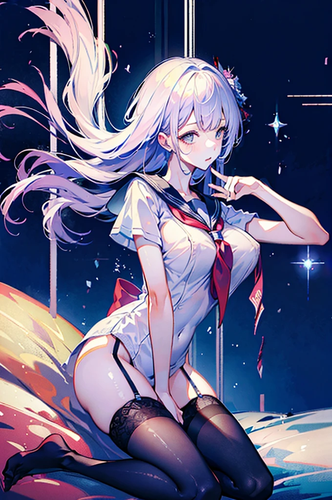 (((masterpiece))), best quality, Ultra-fine CG unity 8k wallpaper ,,(Sexy Lingerie:Sailor Suit|1.2)(Huge tits)(Sexy),On the bed,