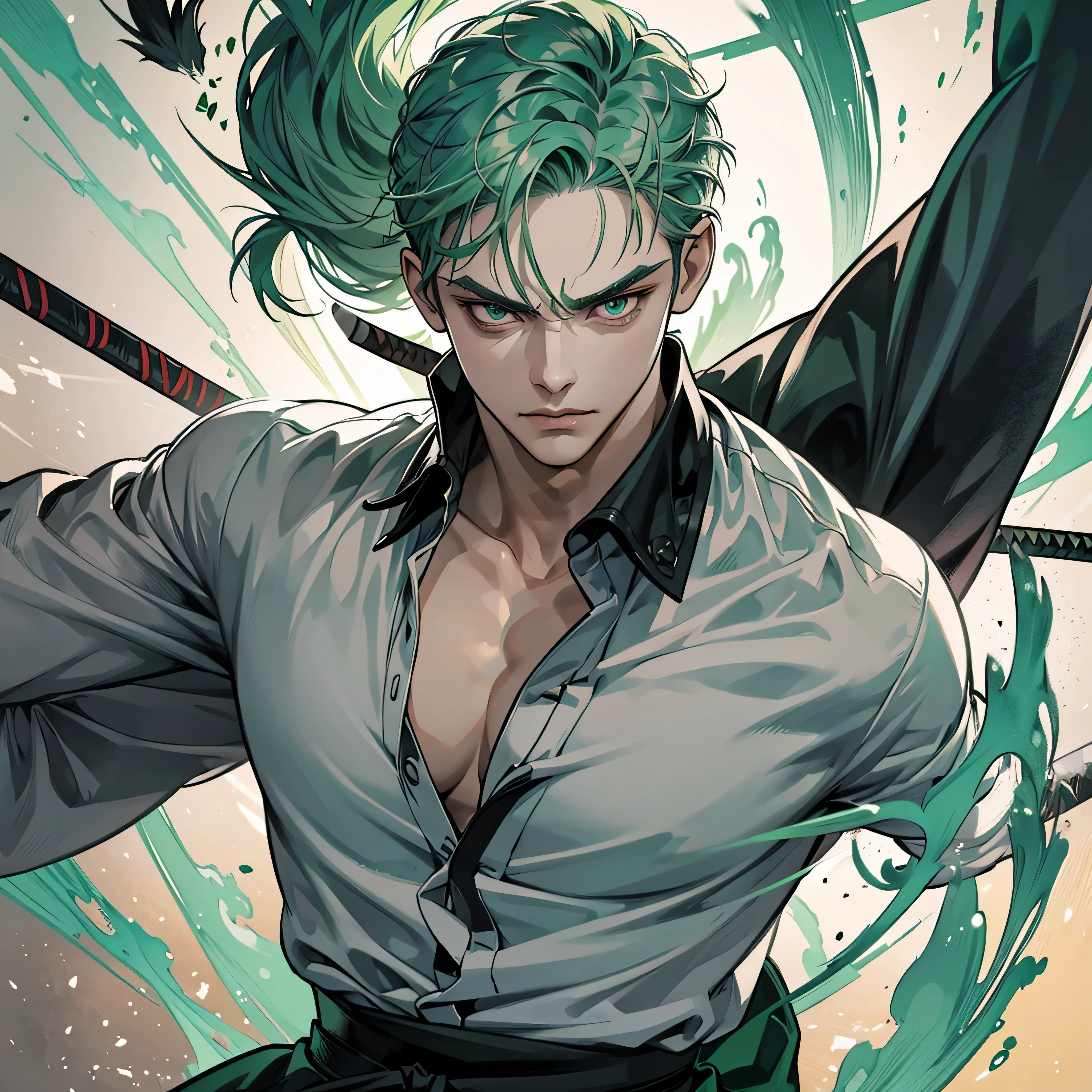 1 handsome roronoa zoro, manly , 3 swords, handsome, demon slayer, filigree, reflective eyes, gray eye, green hair, epic composition, ultra HD, high quality, 32k