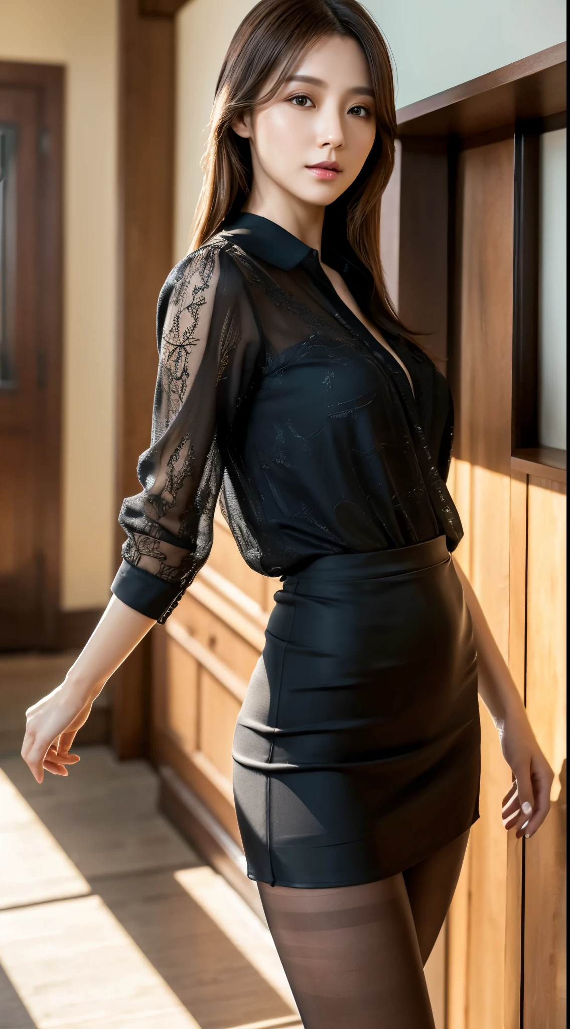 Seductive beautiful mature elite secretary in luxurious silk blouse、40 years、height　154cm、Well-proportioned body type、Hourglass Shape、Skirt and thighs、While walking down the hallway、Business services, (Wearing pantyhose,Realistic pantyhose)、Working in the office、Wearing a satin blouse, Ultra-thin fabric、Smooth、See-through fabric、girl wearing luxury high heels, Wearing an elegant blouse, Wearing a very thin blouse, Businesswoman, Blouse and skirt, Wearing a silk blouse, Wear a shirt and skirt, Japanese Goddess、RAW Photos, (8k、Highest quality、masterpiece:1.2)、(Intricate details:1.4)、(Photorealistic:1.4)、Octane Rendering、Highly detailed and intricate 3D rendering, Soft studio light, Rim Light, Sharp details, Super Detail, Realistic skin texture, Detailed aspect, Beautiful attention to detail, Highly detailed CG Unity 16k wallpaper, Compensate, (Detailed Background:1.2), Glowing Skin、looked back、Exposed thighs!!!, Japanese Eyes,