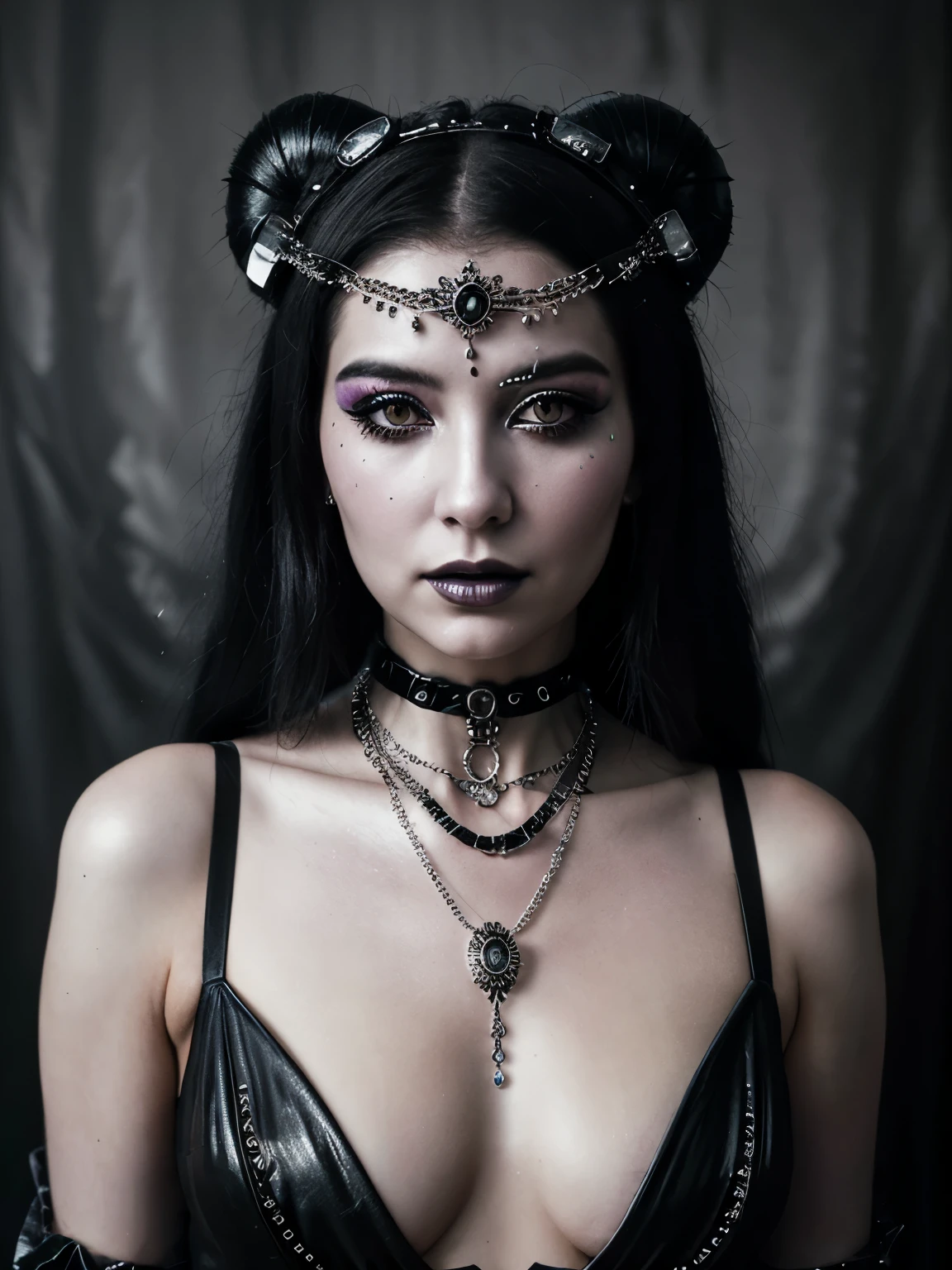 lady in black transparency, her face and has silver intrincated accesories, in the style of hell fashion, otherworldly beauty, celestialpunk, album covers, queencore, dark age aesthetics