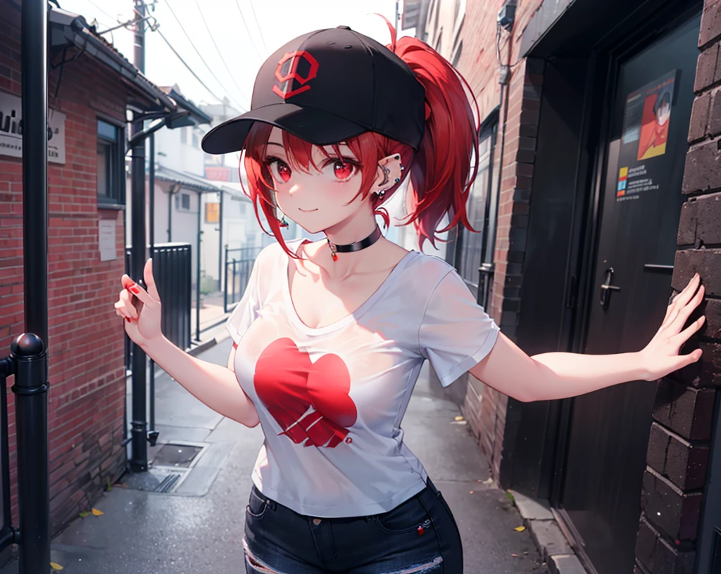 Realistic,Highest quality, Ultra Detail, High-quality CG rendering, The most delicate and beautiful, Floating softly, High resolution, (1 girl), (Highest quality,4K,8k,masterpiece:1.2),(All red hair:1.5), (ponytail:1.5),(Red eyes:1.5),(Slightly larger breasts:1.2), (Oversized black short sleeve t-shirt:1.3),(Black skinny jeans:1.3),(Black baseball cap:1.3),In the city,old buildings,Narrow back alley,(Are standing:1.3),smile,(Piercing in left ear:1.3),(Pitch black choker:1.5)