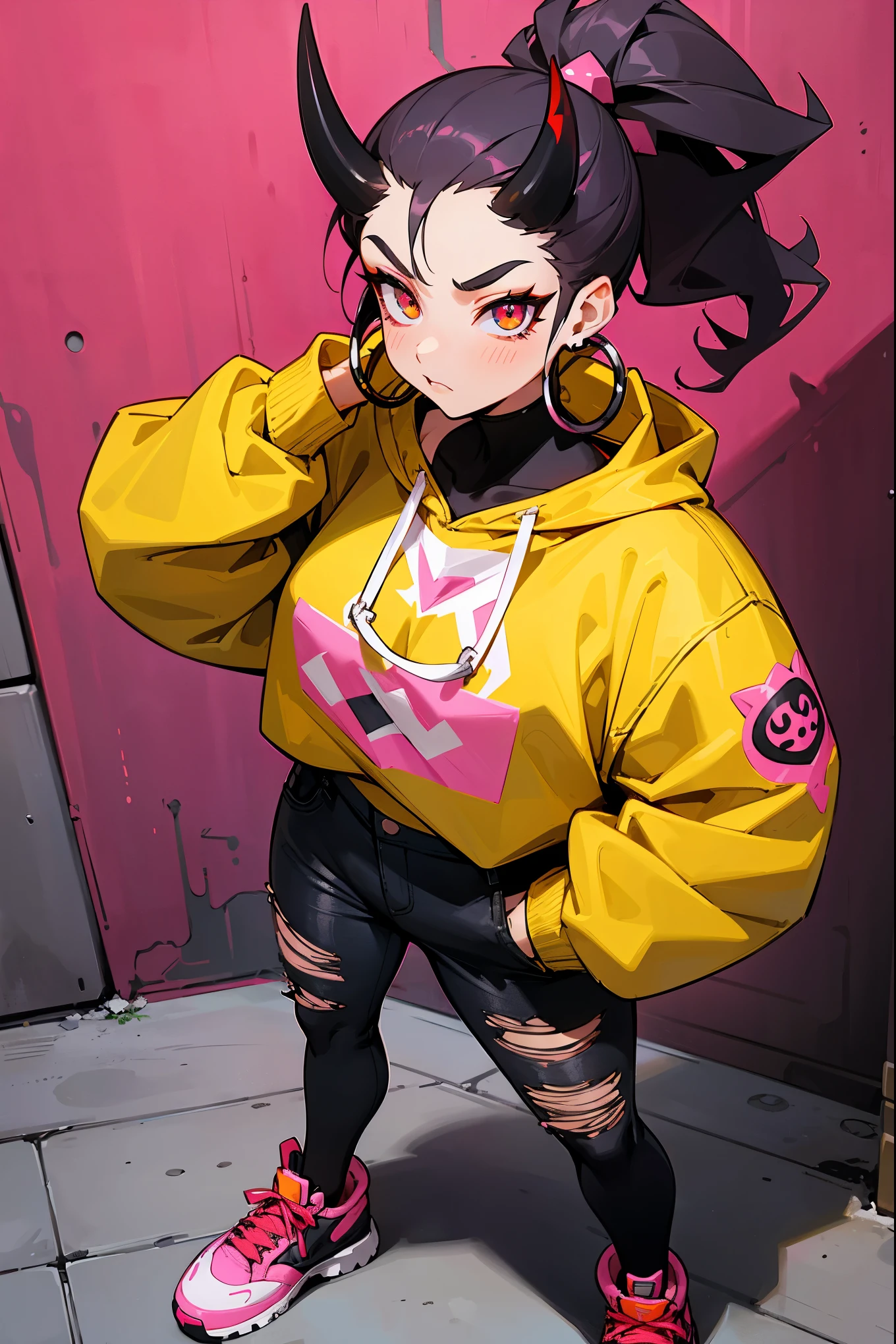 1female, deep crimson hair, styled in a high ponytail, fierce amber eyes, confident expression, black oni horns curving elegantly from her forehead, oversized graphic hoodie in neon pink, ripped black jeans, chunky white sneakers, silver hoop earrings, urban alley background with vibrant street art and neon lights, detailed face, hands to side, standing on path