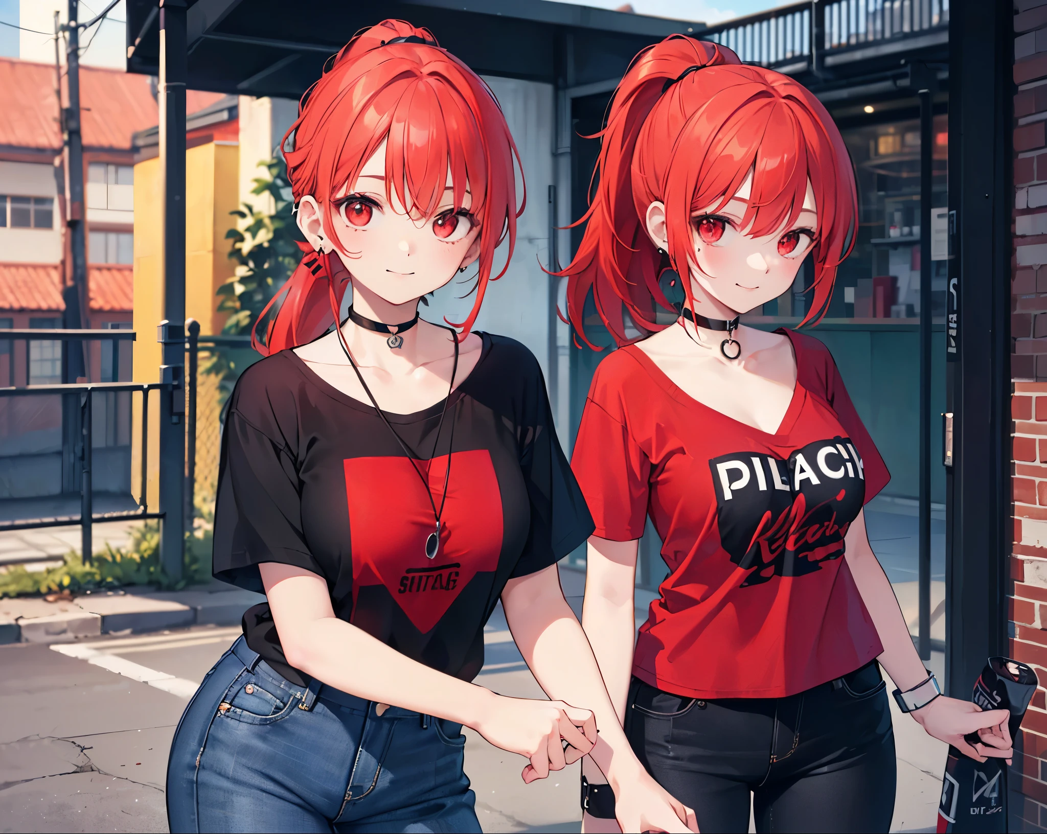 Realistic,Highest quality, Ultra Detail, High-quality CG rendering, The most delicate and beautiful, Floating softly, High resolution, (1 girl), (Highest quality,4K,8k,masterpiece:1.2),(All red hair:1.5), (ponytail:1.5),(Red eyes:1.5),(Slightly larger breasts:1.2), (Oversized black short sleeve t-shirt:1.3),(Black skinny jeans:1.3),(Black baseball cap:1.3),In the city,old buildings,Narrow back alley,(Are standing:1.3),smile,(Piercing in left ear:1.3),(Pitch black choker:1.5)