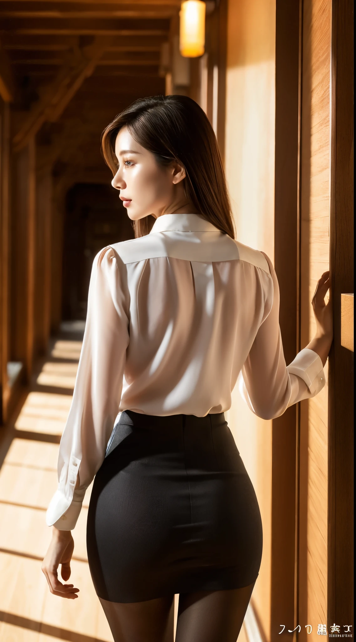 Seductive beautiful mature elite secretary in luxurious silk blouse、40 years、height 154cm、Well-proportioned body type、Hourglass Shape、Skirt and thighs、While walking down the hallway、Business services, (Wearing pantyhose,Realistic pantyhose)、Working in the office、Wearing a satin blouse, Ultra-thin fabric、Smooth、See-through fabric、girl wearing luxury high heels, Wearing an elegant blouse, Wearing a very thin blouse, Businesswoman, Blouse and skirt, Wearing a silk blouse, Wear a shirt and skirt, Japanese Goddess、RAW Photos, (8k、Highest quality、masterpiece:1.2)、(Intricate details:1.4)、(Photorealistic:1.4)、Octane Rendering、Highly detailed and intricate 3D rendering, Soft studio light, Rim Light, Sharp details, Super Detail, Realistic skin texture, Detailed aspect, Beautiful attention to detail, Highly detailed CG Unity 16k wallpaper, Compensate, (Detailed Background:1.2), Glowing Skin、looked back、Exposed thighs!!!, Japanese Eyes,