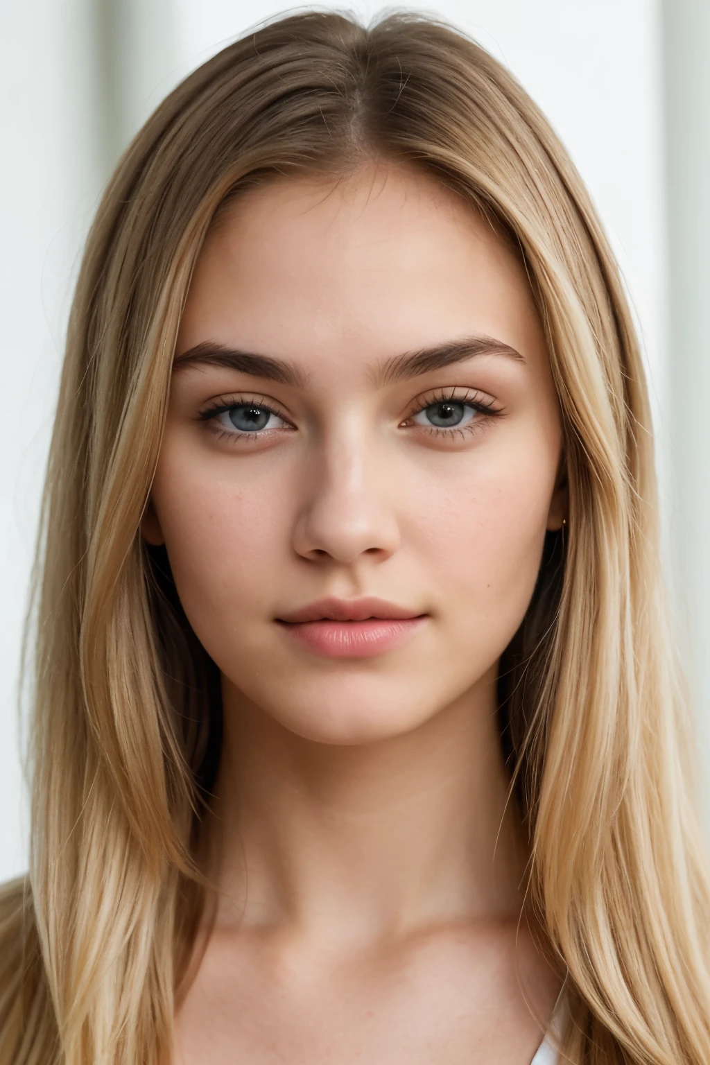 close-up portrait, realistic style, ultra quality, masterpiece, Best quality, amazing, photo without makeup, анфанс without a smile, with a neutral expression. Woman with blonde hair, blond colors, Hair neatly styled. The woman has fair hair, almond-shaped blue eyes, medium-sized, with well-defined eyelids, Eyes look straight at the camera. oval shaped face, with soft features, there is slight fullness in the lower part of the face, no cheekbones, the lower jaw is slightly shifted back, fair skin with even tone. Round cheeks with natural skin tone. Straight eyebrows of medium thickness, there is a scar on the right eyebrow, matching hair color. Nose straight, middle length, with a smooth transition to the tip. Medium full lips, natural pinkish tint, without a smile. Cinematic composition, very detailed, high budget, synoscope, epic. photorealistic, Atmospheric lighting, natural, shallow depth of field. photo in RAW format, photorealistic, hidden camera, color cinematographic film.