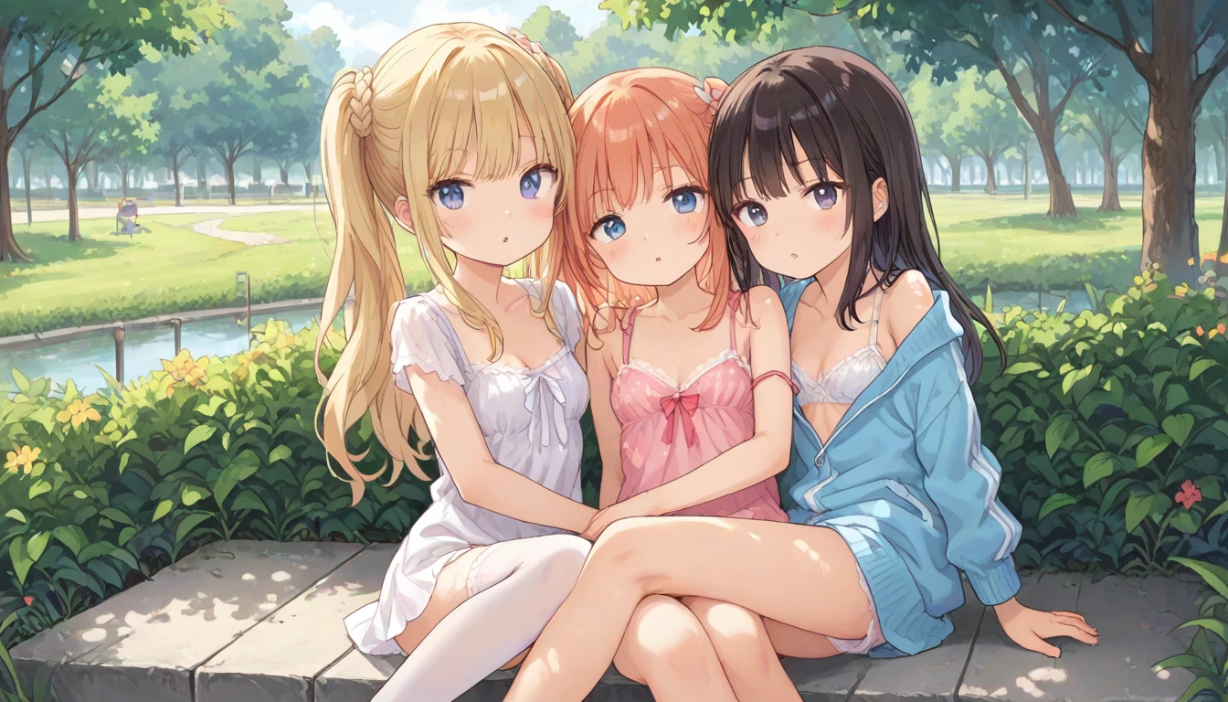 score_9, multiple girls, (diverse facial features:1.2), cleavage, clothes lift, small breasts, sitting, on side, skinny, looking at viewer, parted lips, (expressive eyes:1.2), yuri, park, outdoors