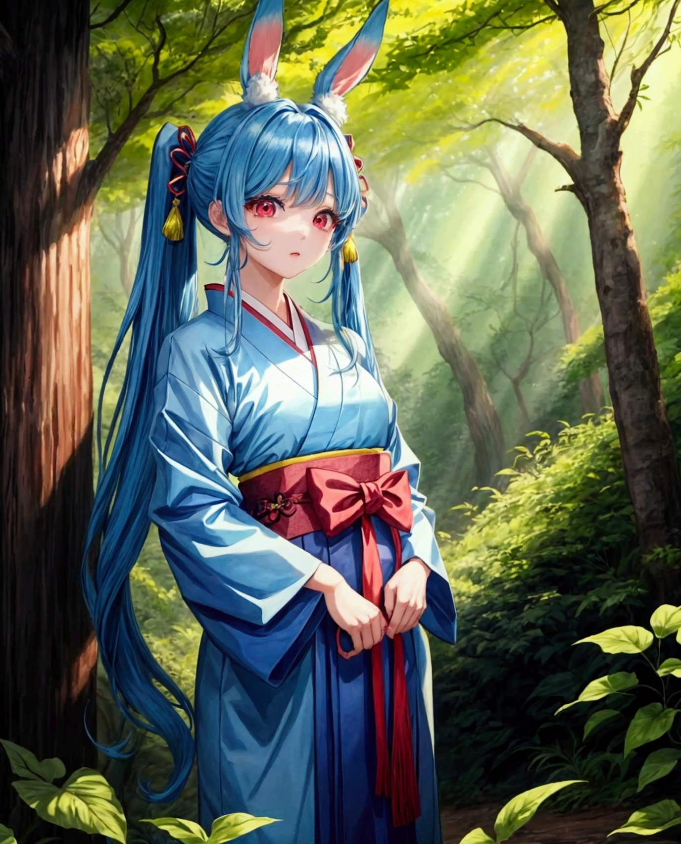 ((최고의 품질)), ((걸작)), (상세한), 여자 1명,Create an anime-style digital artwork of a character with long, blue hair tied into twin tails with bangs, and bright red eyes. The character has rabbit ears and is wearing a traditional Korean hanbok. The setting is a dense forest, full of lush greenery. The scene should convey a serene and natural atmosphere, with the character standing gracefully among the trees.