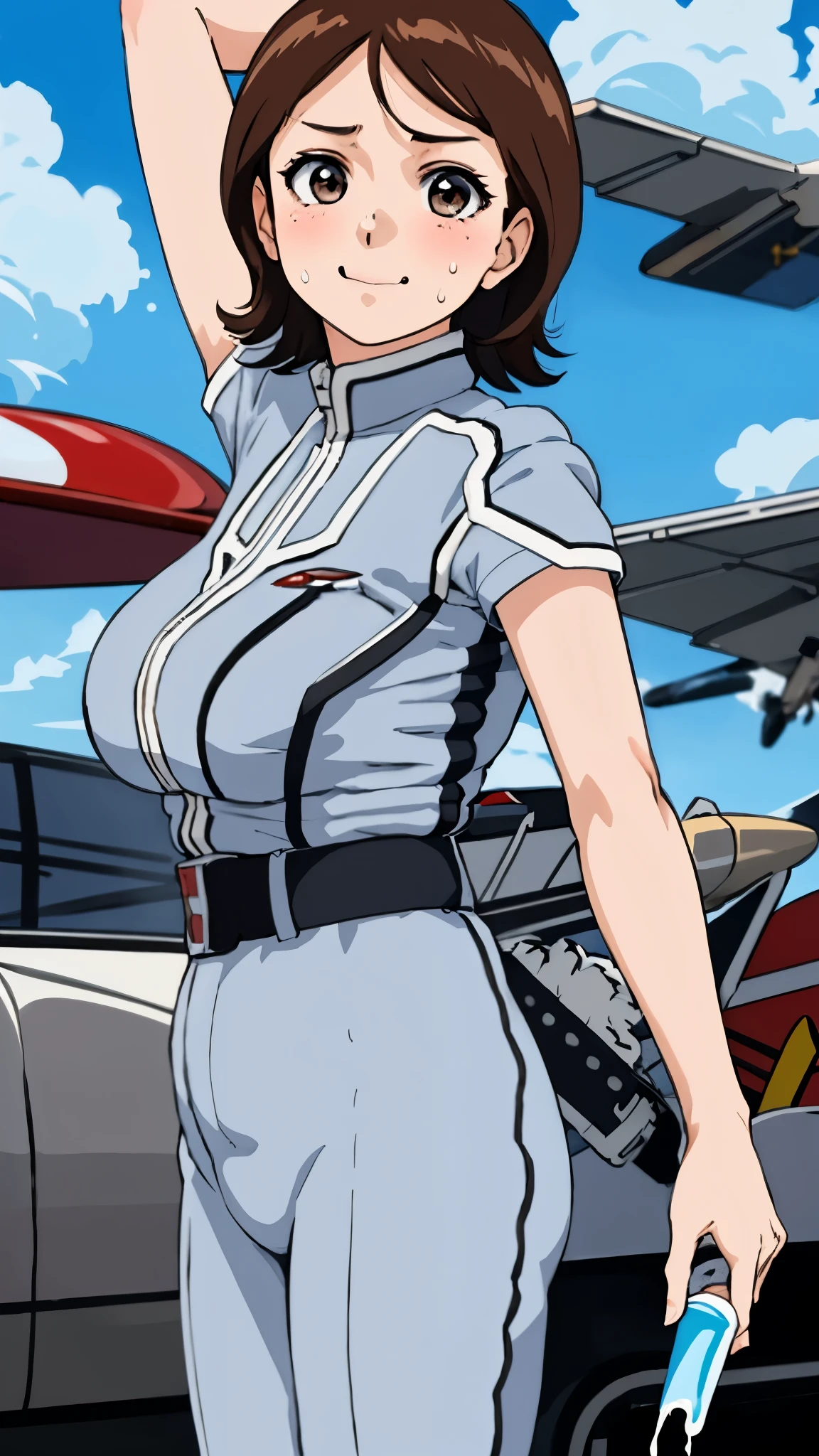 masterpiece, best quality, solo,1girl,looking at viewer,, cowboy shot,sea,anime style,
anne、Ultra Guard Interior、Fighter Aircraft Background、Arms rolled up、
Licking a soft serve ice cream、Sweating、Hot look、Sticking out tongue、Licking a soft serve ice cream、Sweating profusely