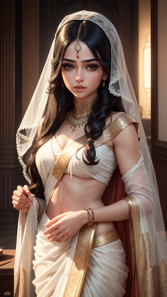 beautiful woman, beautiful girl, 1 girl, beautiful detailed eyes, beautiful detailed lips, extremely detailed eyes and face, long eyelashes, detailed face, beautiful sari, white sari, long black hair, long hair, intricate detailed sari, high fashion, high quality, 8k, photorealistic, digital art, masterpiece, cinematic lighting, dramatic lighting, warm color palette, glowing skin, detailed fabric texture, flowing fabric