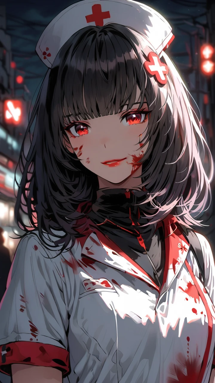 highest quality、masterpiece、1 girl、hospital background、black hair :1.5、red eyes 、red lips, nurse uniform 、Black and white world、Black and white world、medium hair 、side blade,light smile, blunt bangs , hair ornaments, night ,blood on face, blood on clothes