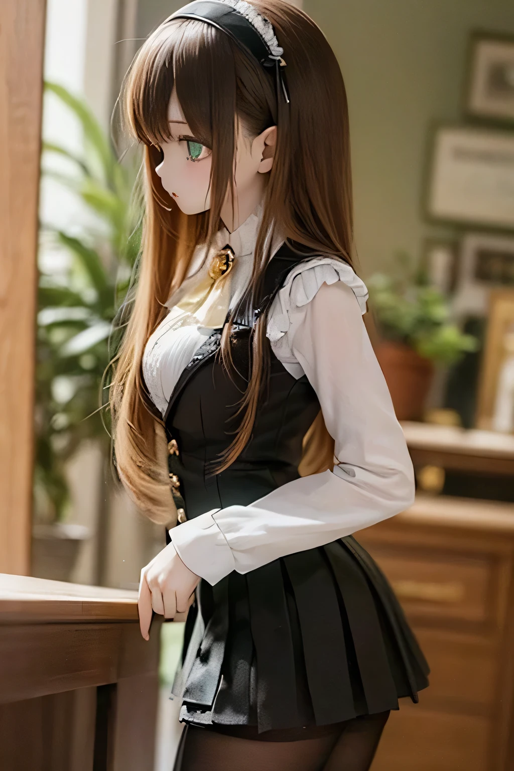 (SFW:2), photorealistic, realistic photo, 8k, ((highest quality)), ((masterpiece)), (extremely detailed), kukolnydom, doll, (mature woman, 21yo, 21 years old, solo:1.6), ((profile, from side, slim, slender, skinny, medium breasts, hairband, ascot, vest, blouse, long puff sleeves, pleated skirt, black pantyhose)), (green eyes, brown hair, long hair, plastic skin, looking at another, glass eyes, gradient eyes, shining eyes, detailed eyes:1.3)