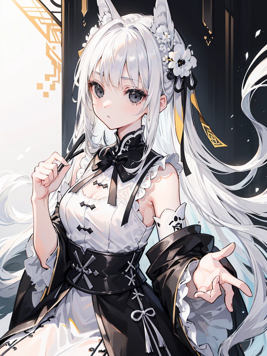 (Top image quality)、(Very detailed)、(Facing forward)、Top quality、masterpiece、(((1 girl )))、Silver Hair、White hair、((Long hair))、Weaving、(black eyes:1.6)、(White and black cheongsam)、Lots of decorations、Lots of ribbons、White Ribbon、Haggard、Fluffy loose hair