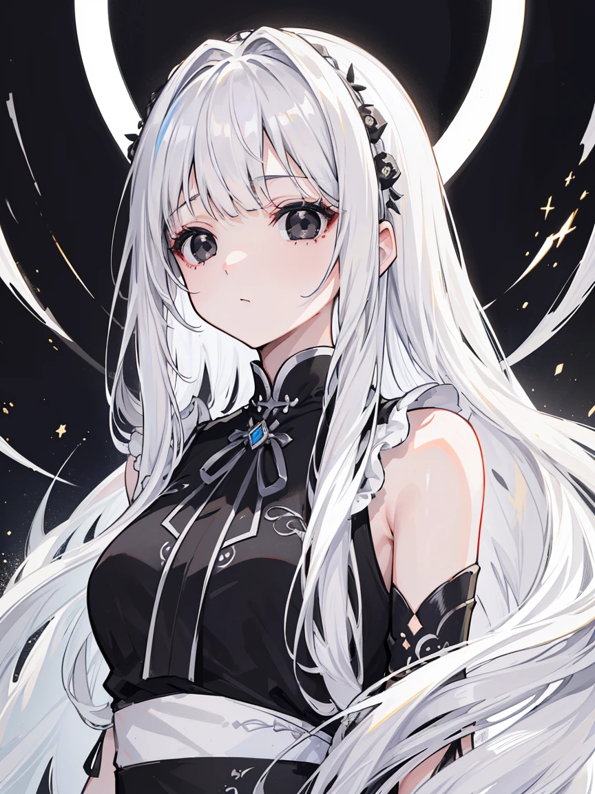 (Top image quality)、(Very detailed)、(Facing forward)、Top quality、masterpiece、(((1 girl )))、Silver Hair、White hair、((Long hair))、Weaving、(black eyes:1.6)、(White and black cheongsam)、Lots of decorations、Lots of ribbons、White Ribbon、Haggard、Fluffy loose hair