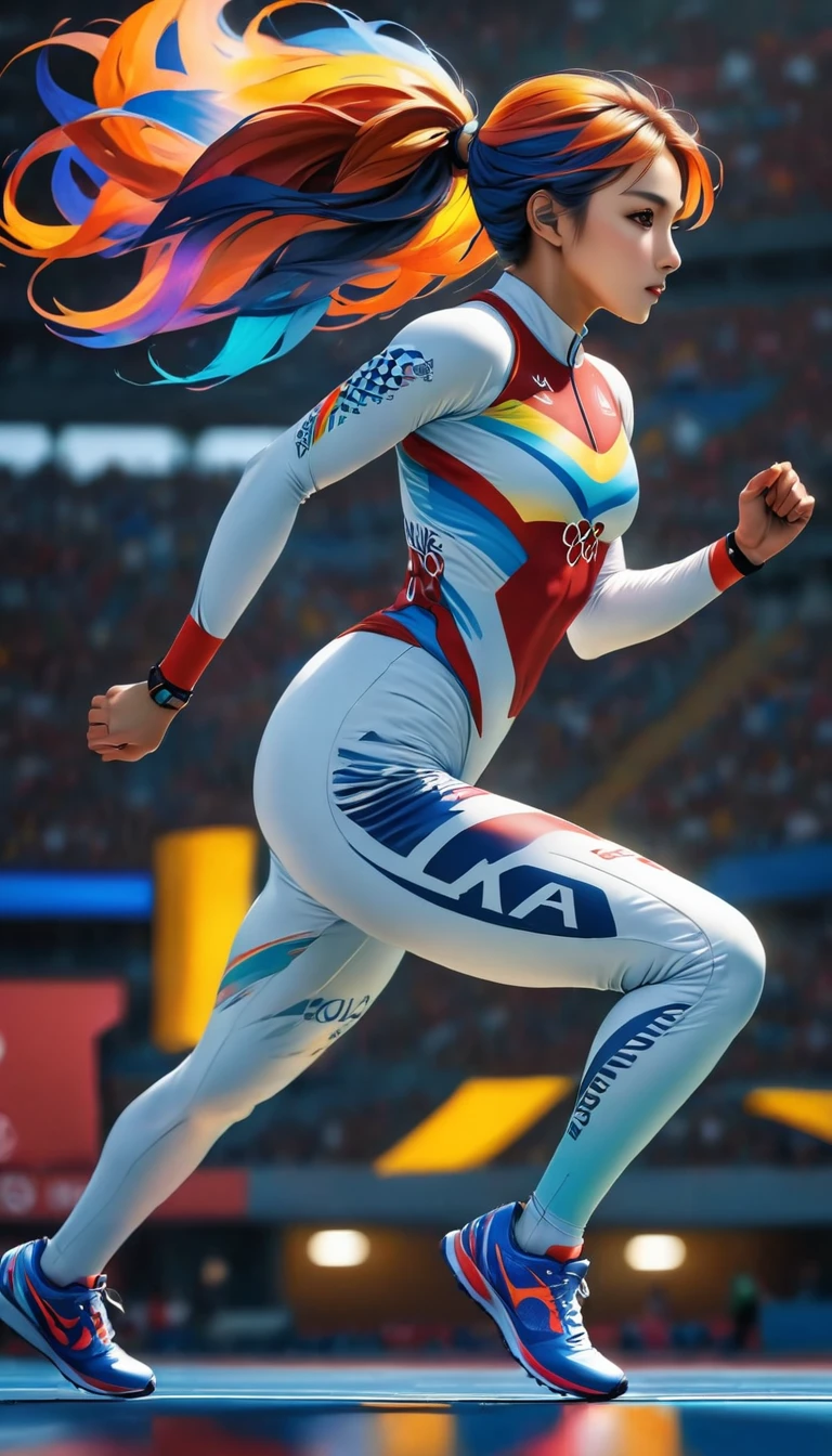 a  sports shot of a para Olympic game participant runner, (one of her legs) is mechanical prosthetic leg, a woman sports athlete, ((full body shot: 1.5)), ((anatomically correct: 1.5)) (ultra detailed face: 1.2), dynamic hair style, dynamic hair color, dynamic skin complexion, wearing track suit, sports shoes, running in the Olympics, she has (one mechanical leg), vibrant, Ultra-high resolution, High Contrast, (masterpiece:1.5), highest quality, Best aesthetics), best details, best quality, highres, 16k, [ultra detailed], masterpiece, best quality, (extremely detailed) RAW, photograph Cinematic Hollywood Film