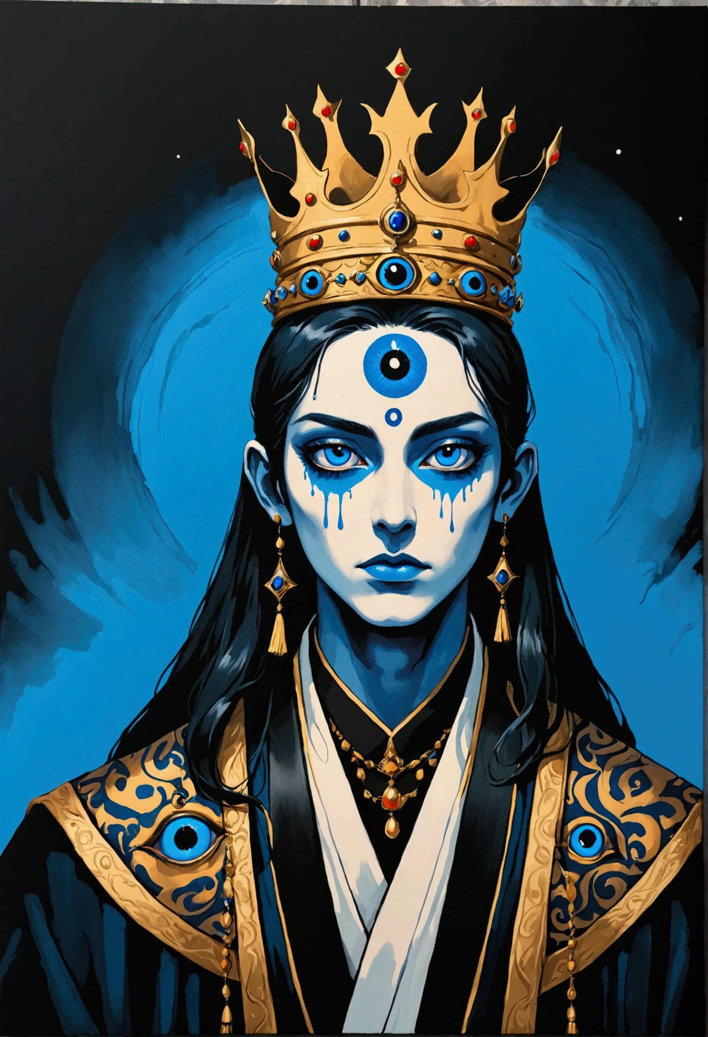 Ink Painting，Third Eye Vision。king，crown，3d，Dark eyeshadow，whole body，robe，Wide Angle，Black and blue，Solid color background