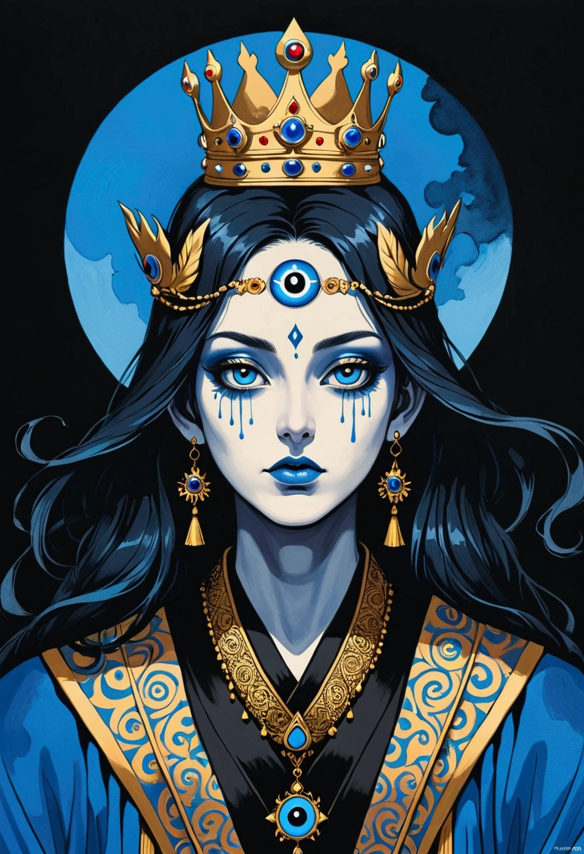 Ink Painting，Third Eye Vision。king，crown，3d，Dark eyeshadow，whole body，robe，Wide Angle，Black and blue，Solid color background