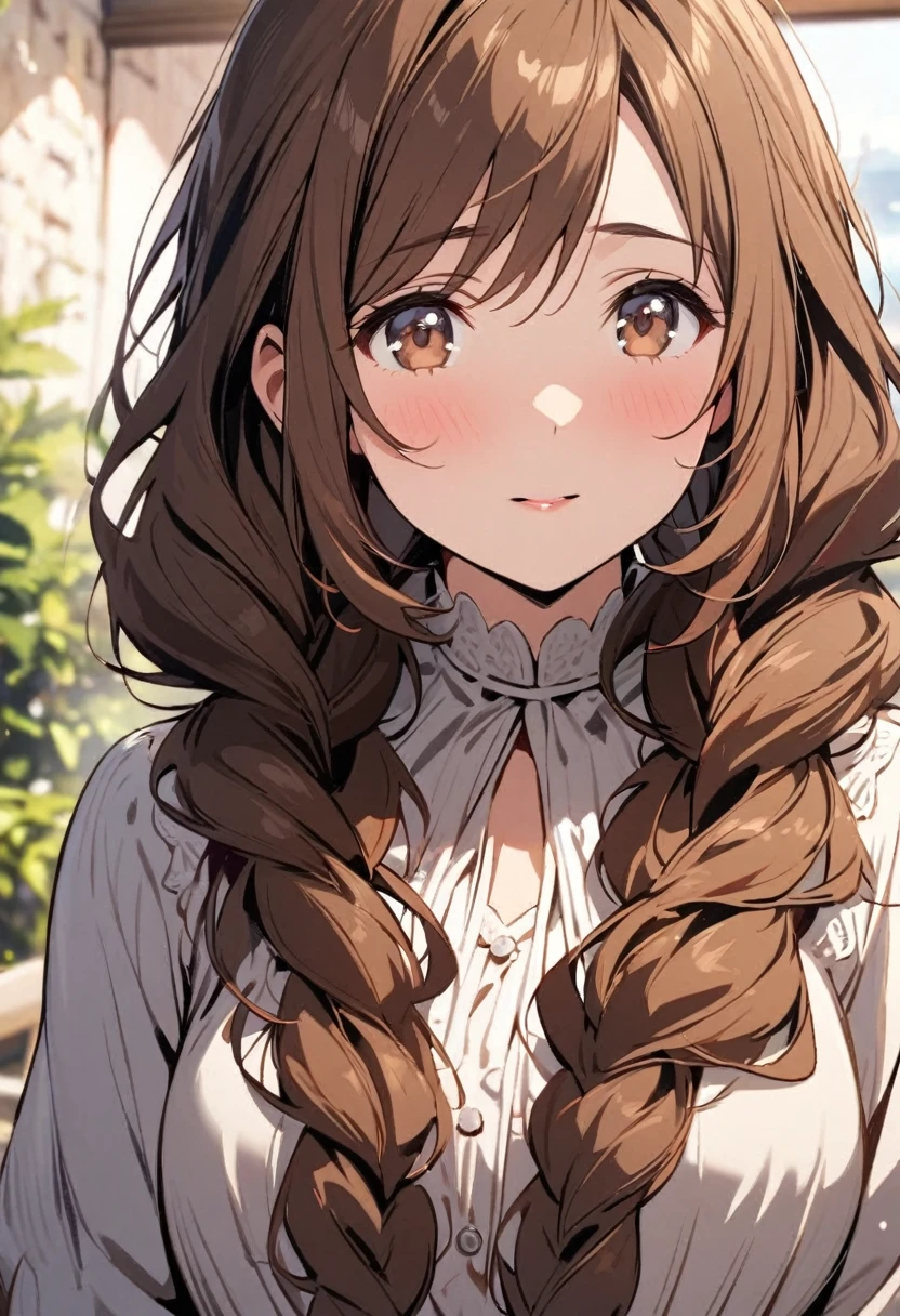 Solo, 1girl, Long Hair, brown hair, brown eyes, cute, mature, high detail, beatiful backround, double plait hair, innocent, main face, front face