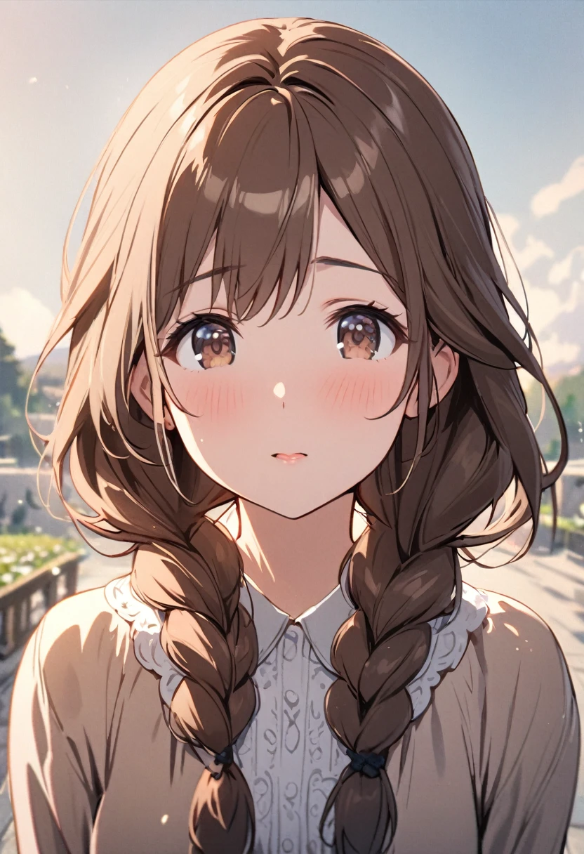 Solo, 1girl, Long Hair, brown hair, brown eyes, cute, mature, high detail, beatiful backround, double plait hair, innocent, main face, front face