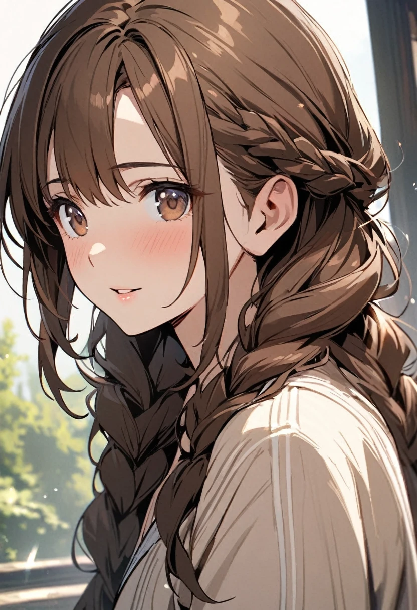 Solo, 1girl, Long Hair, brown hair, brown eyes, cute, mature, high detail, beatiful backround, double plait hair, innocent, main face, front face