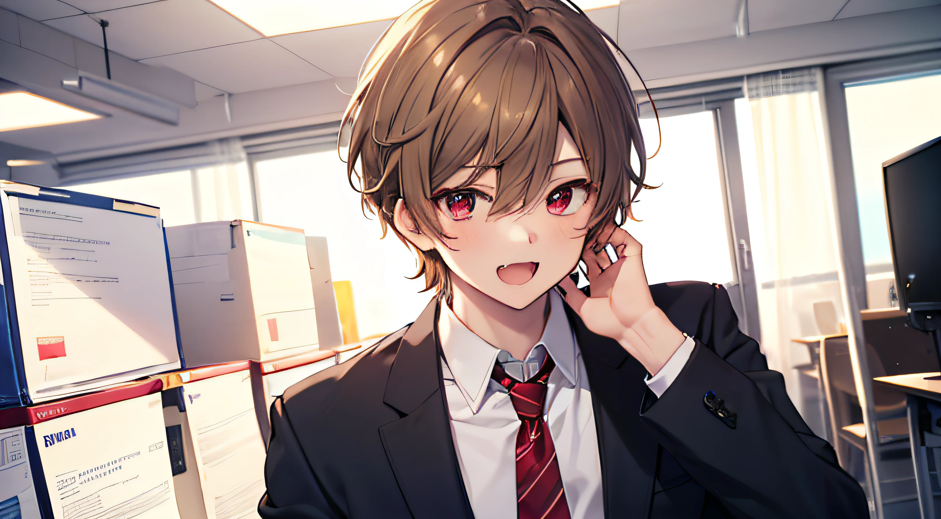 masterpiece,best quality,ultra detailed, ((((solo boy)))), ((mid-teen guy)),dynamic angle,light brown hair,red eyes,,hairs between eyes,gentle smile,suit, office,open mouth with skin fang,neutral,perfect face, good looking,slightly cute