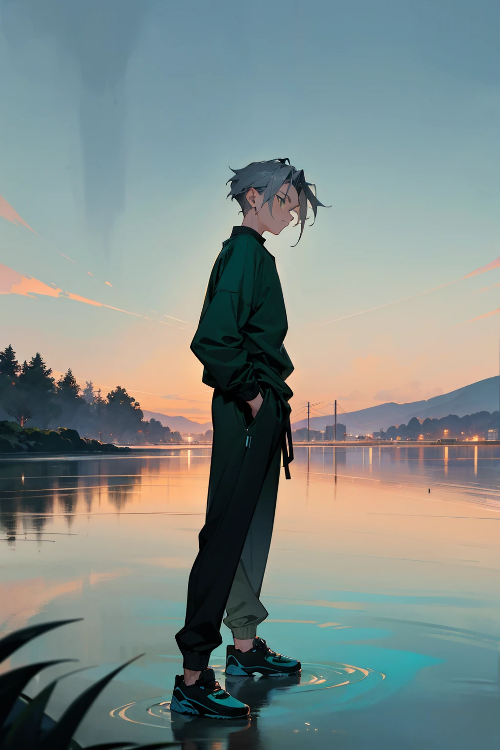 1male, ash gray hair, styled in a tousled undercut, striking green eyes, contemplative expression, oversized teal sweatshirt with a subtle futuristic design, baggy black joggers, slip-on black sneakers, a sleek black watch, serene lakeside background with reflections of the evening sky, detailed face, hands to side, standing on path

