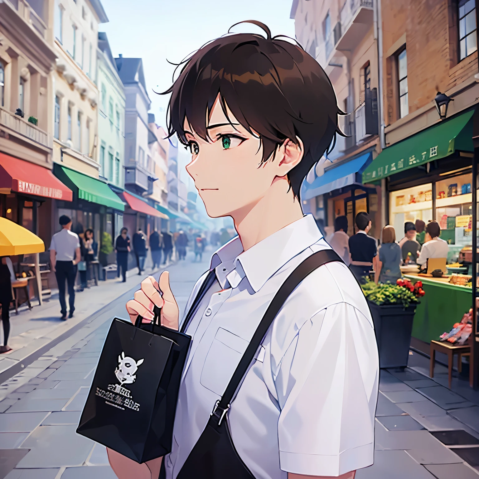 side angle, (looking away:1.5), upper body、shiny skin, masterpiece、Highest quality、(25-year-old male:1.5) and (Brown short hair) and (Green Eyes), (white collared shirt)、Are standing、smile、The background is a shopping street、(Alone:1.5)、