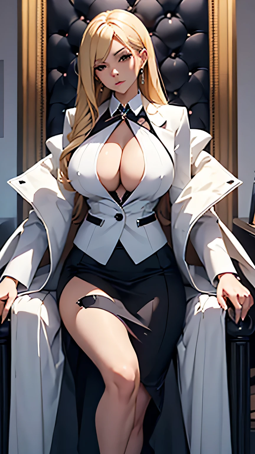 beautiful detailed girl, sexy female mafia boss, wearing office suit ultra short skirt, and long transparent coat, blonde hair, slender, Pose with hands together, large breast, massive cleavage exposed, huge buttock, sitting on the throne arrogantly, precise front angle